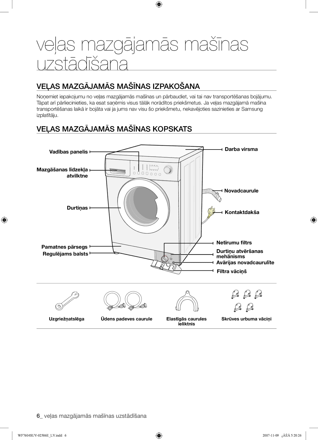 Samsung WF7522SUV/YLP, WF7452SUV/YLR manual Veļas mazgājamās mašīnas uzstādīšana, Veļas Mazgājamās Mašīnas Izpakošana 