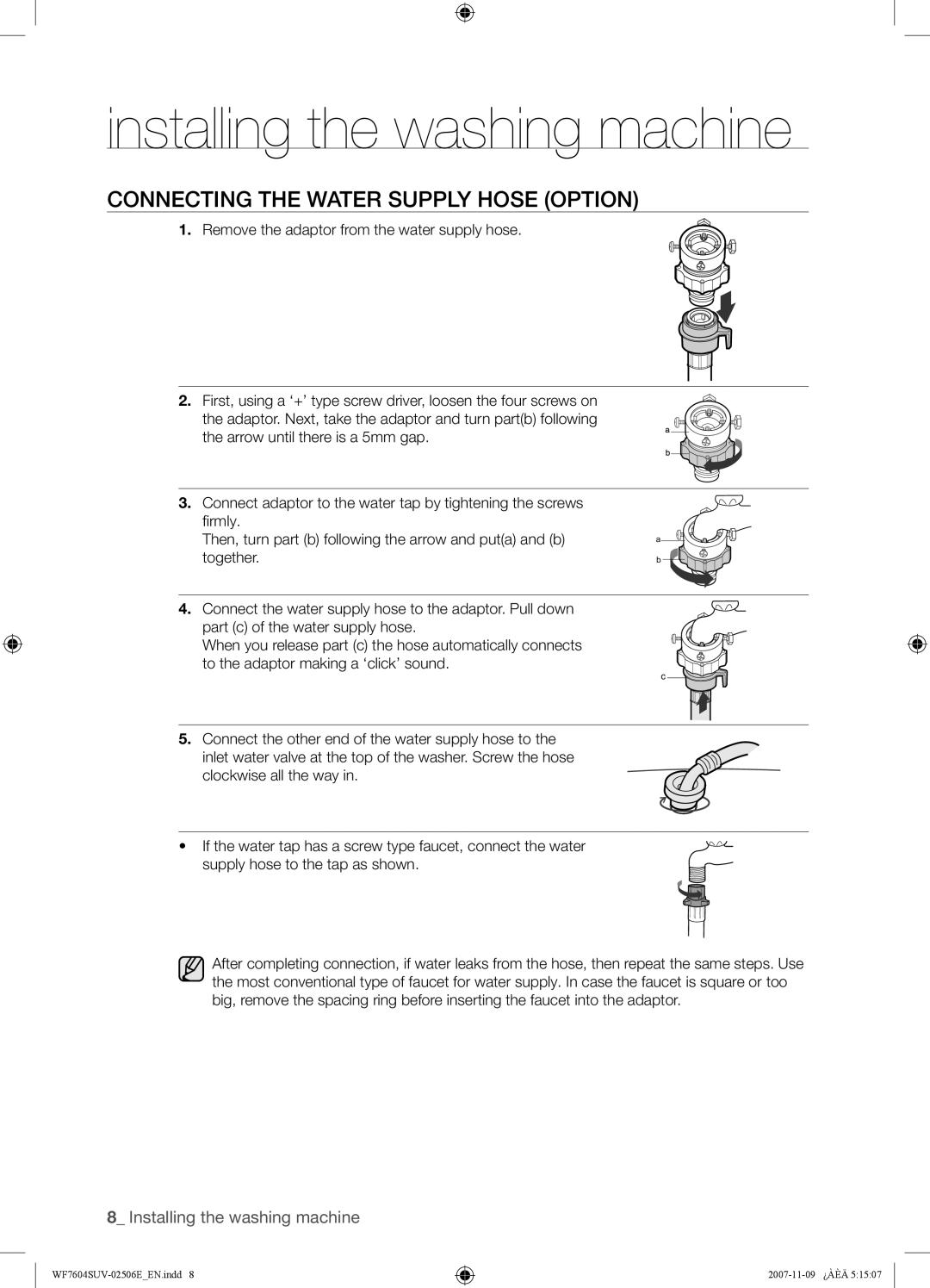 Samsung WF7522SUV/YLP, WF7452SUV/YLR, WF7522SUV/YLR, WF7450SUV/YLR, WF7520SUV/YLR Connecting the Water Supply Hose Option 