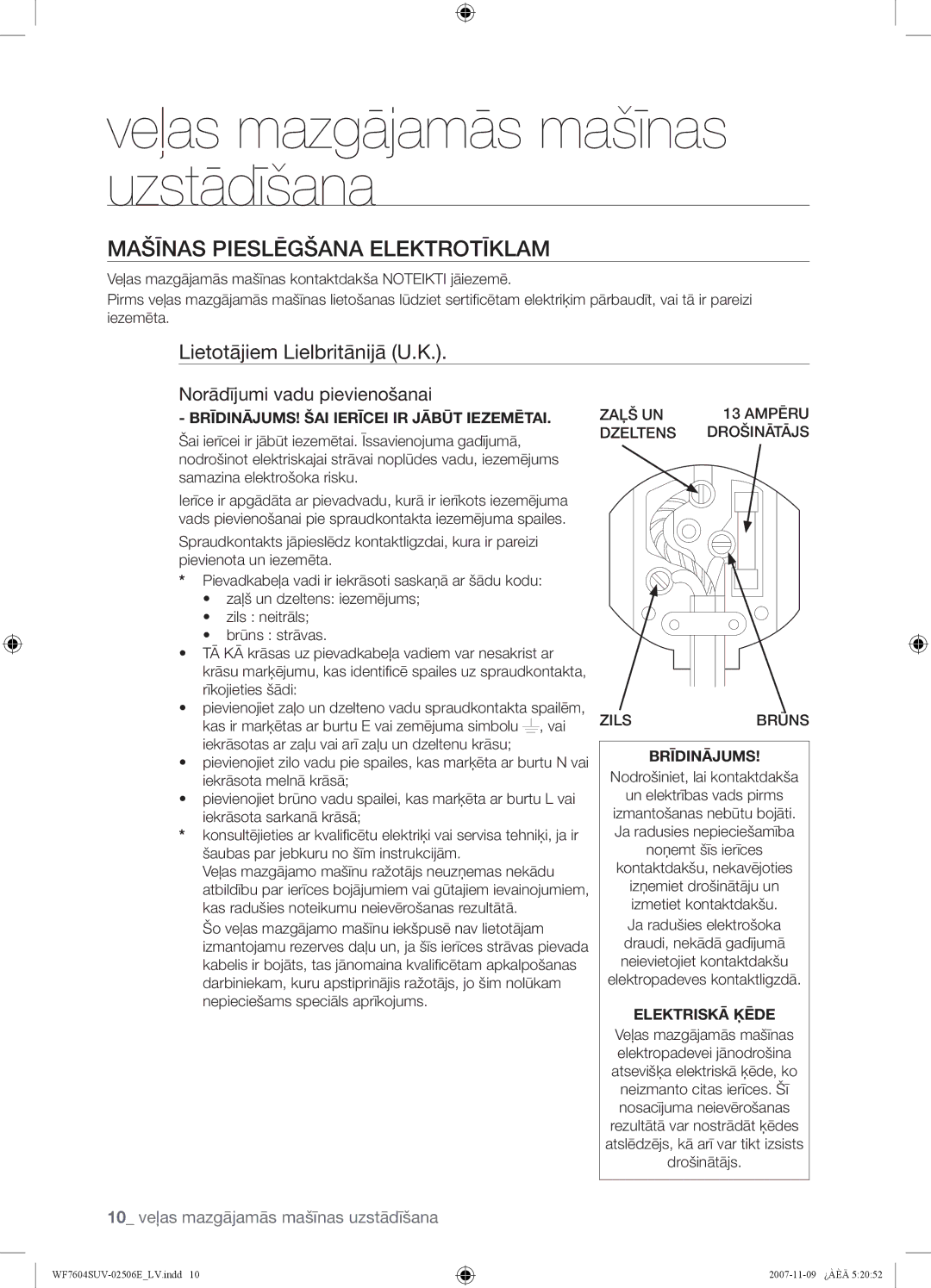 Samsung WF7450SUV/YLR Mašīnas Pieslēgšana Elektrotīklam, Lietotājiem Lielbritānijā U.K, Norādījumi vadu pievienošanai 