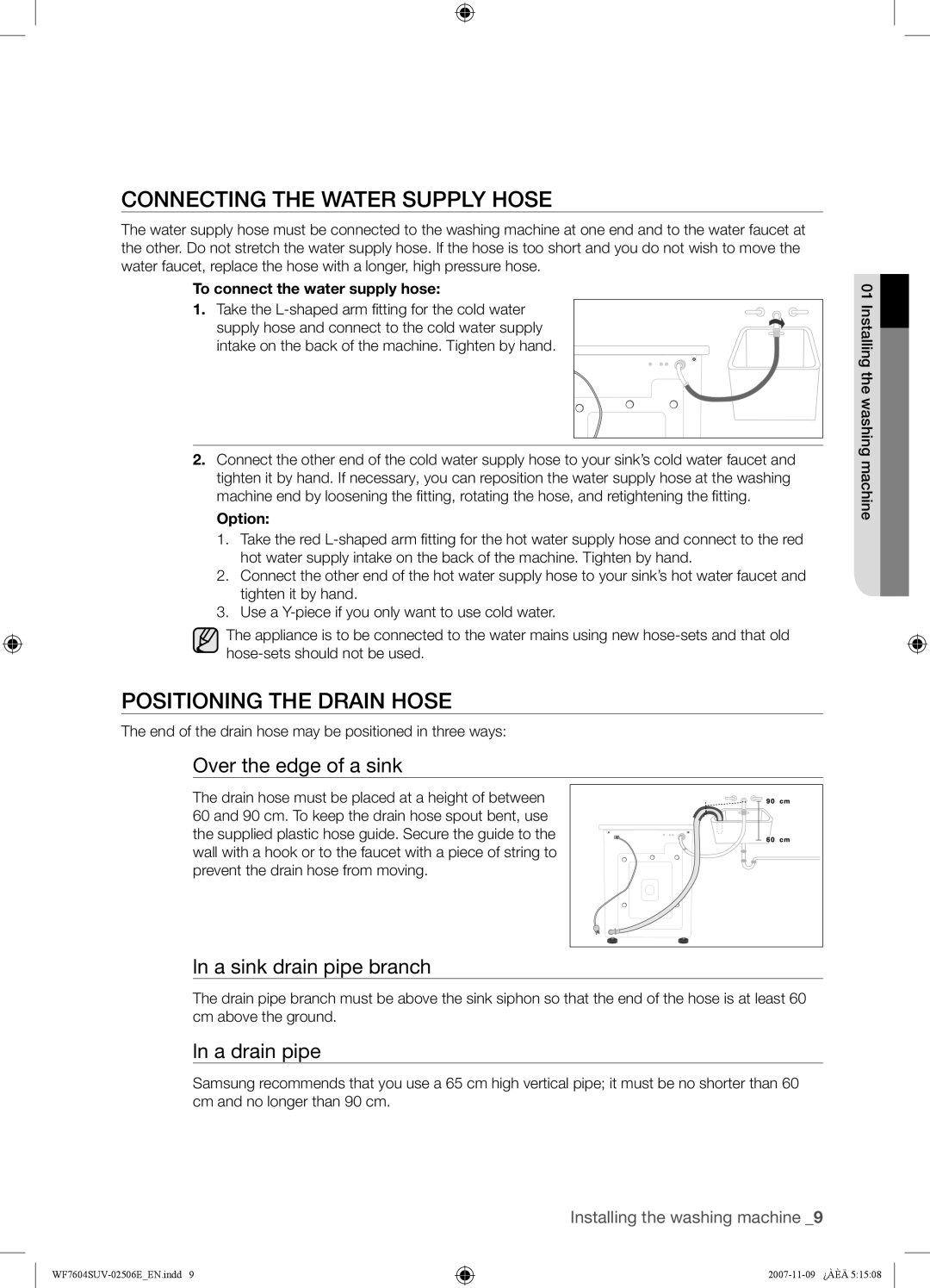 Samsung WF7522SUV/YLW, WF7452SUV/YLR Connecting the Water Supply Hose, Positioning the Drain Hose, Over the edge of a sink 