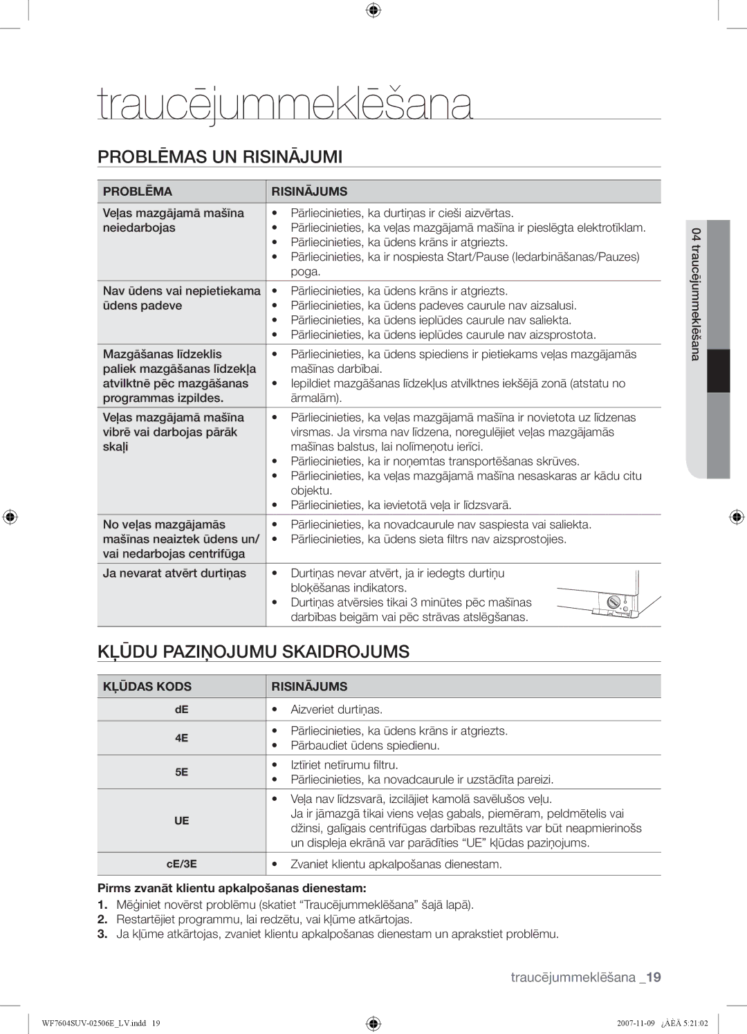 Samsung WF7522SUV/YLR, WF7452SUV/YLR manual Traucējummeklēšana, Problēmas UN Risinājumi, Kļūdu Paziņojumu Skaidrojums 