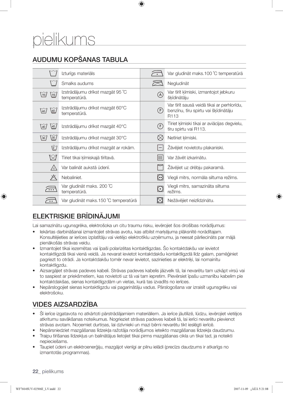 Samsung WF7520SUV/YLW, WF7452SUV/YLR manual Pielikums, Audumu Kopšanas Tabula, Elektriskie Brīdinājumi, Vides Aizsardzība 