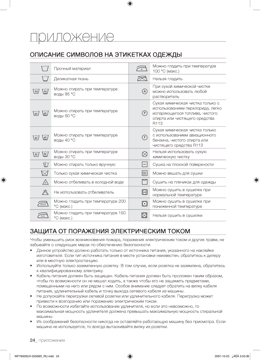 Samsung WF7522SUC/YLP manual Приложение, Описание Символов НА Этикетках Одежды, Защита ОТ Поражения Электрическим Током 