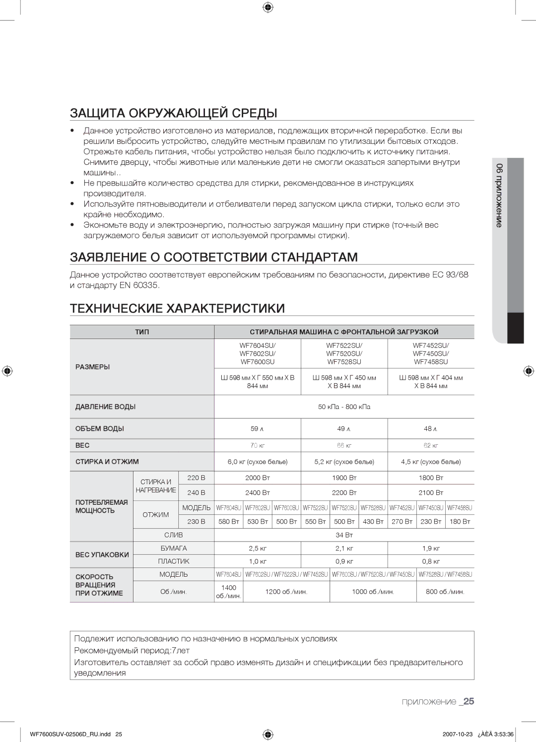 Samsung WF7522SUV/YLW manual Защита Окружающей Среды, Заявление О Соответствии Стандартам, Технические Характеристики 