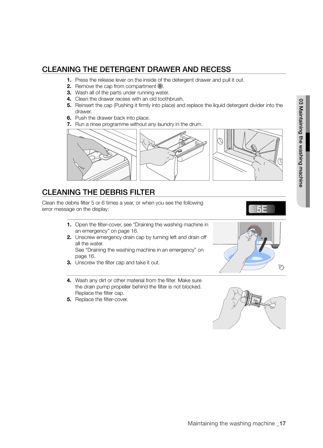 Samsung WF7522SUV/YLR, WF7452SUV/YLR, WF7450SUV/YLR Cleaning the Detergent Drawer and Recess, Cleaning the Debris Filter 