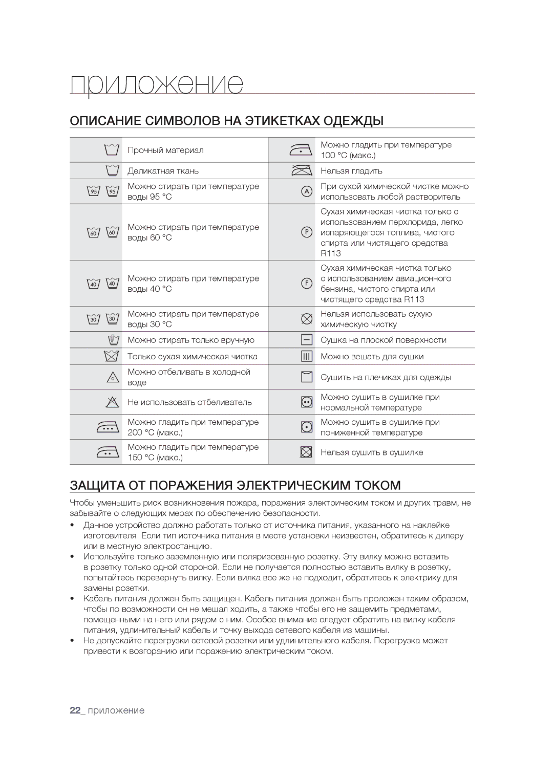 Samsung WF7528NUW/YLP manual Приложение, Описание Символов НА Этикетках Одежды, Защита ОТ Поражения Электрическим Током 