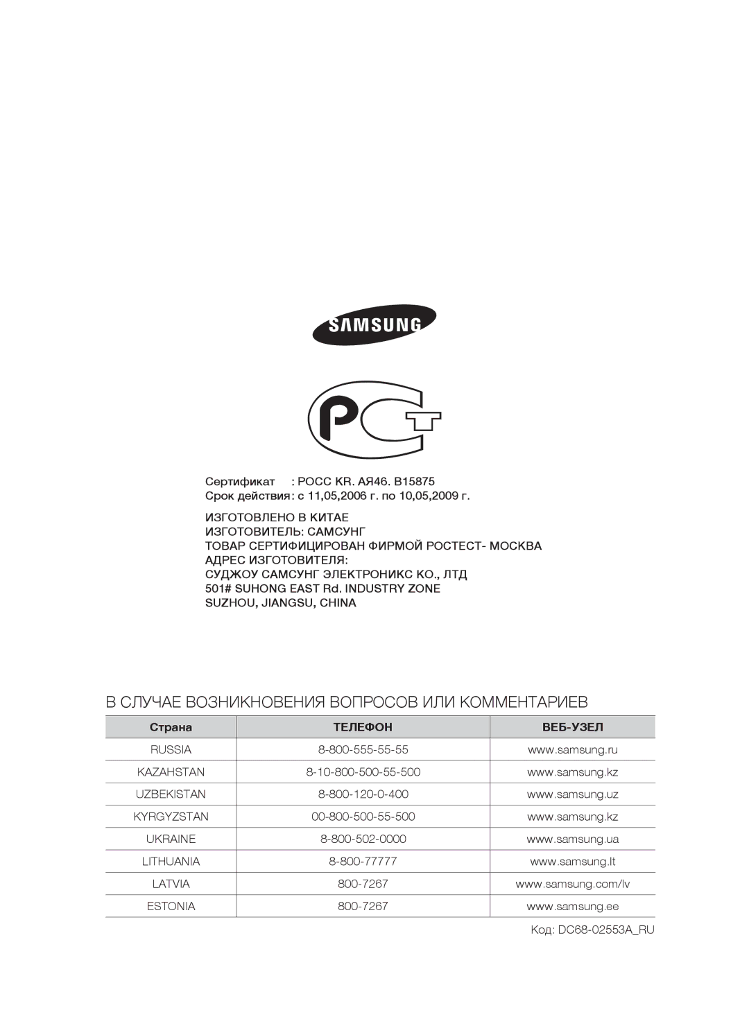 Samsung WF7450NUW/YLP, WF7458NUW/YLP, WF7520NUW/YLP, WF7528NUW/YLP Случае Возникновения Вопросов ИЛИ Комментариев, Страна 