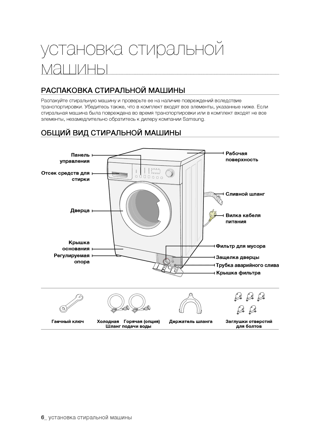 Samsung WF7520NUW/YLP manual Установка стиральной машины, Распаковка Стиральной Машины, Общий ВИД Стиральной Машины 