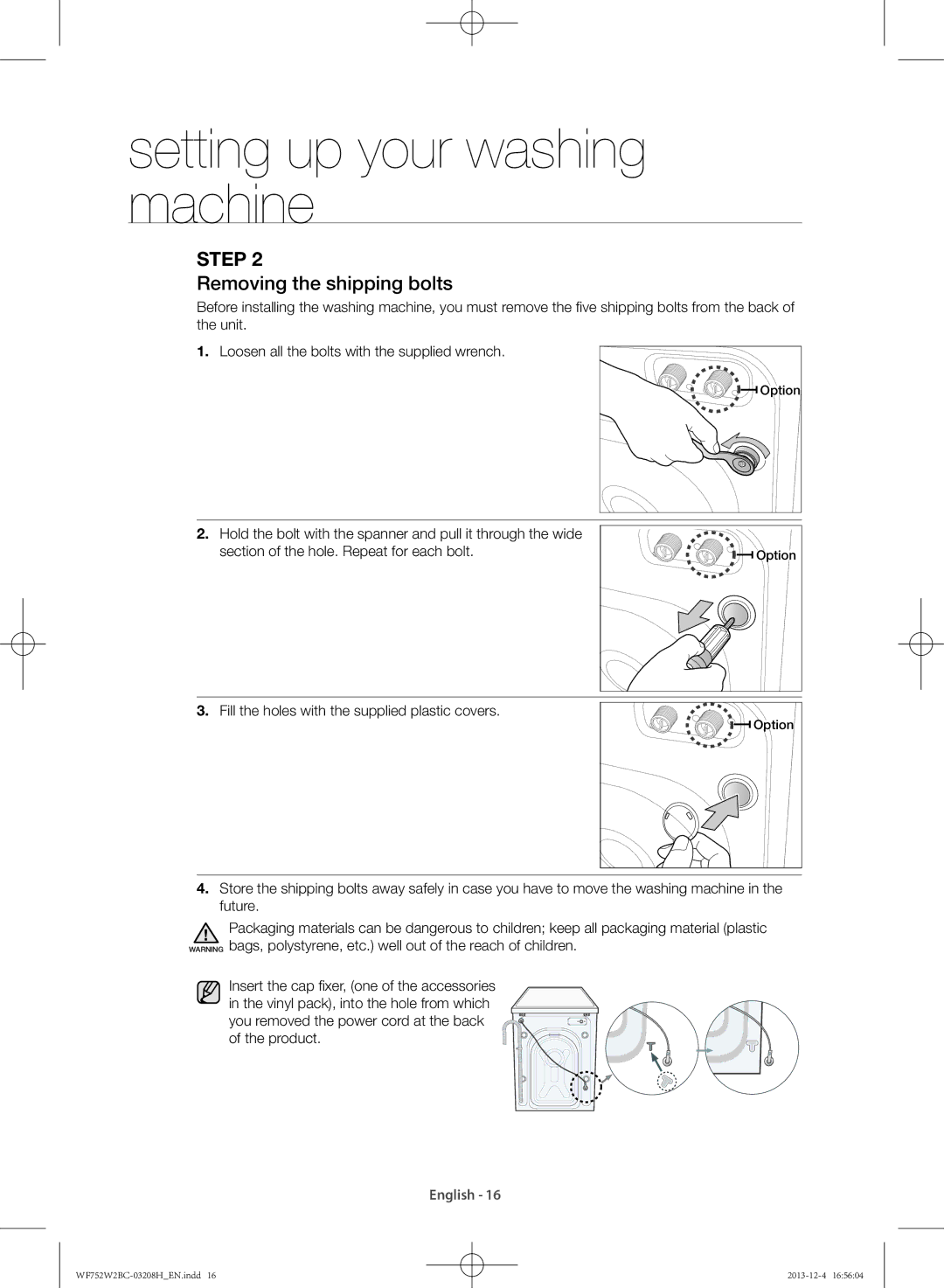 Samsung WF750W2BCWQ/SV, WF752W2BCWQ/SV manual Removing the shipping bolts 