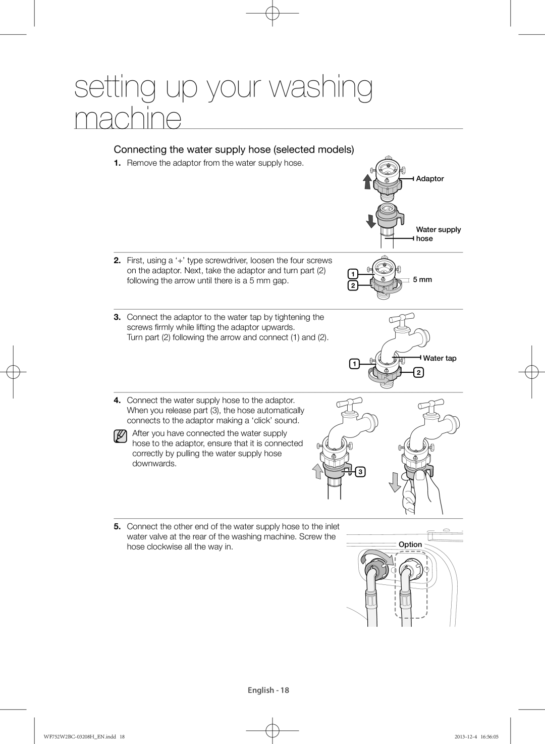 Samsung WF750W2BCWQ/SV, WF752W2BCWQ/SV manual Connecting the water supply hose selected models 