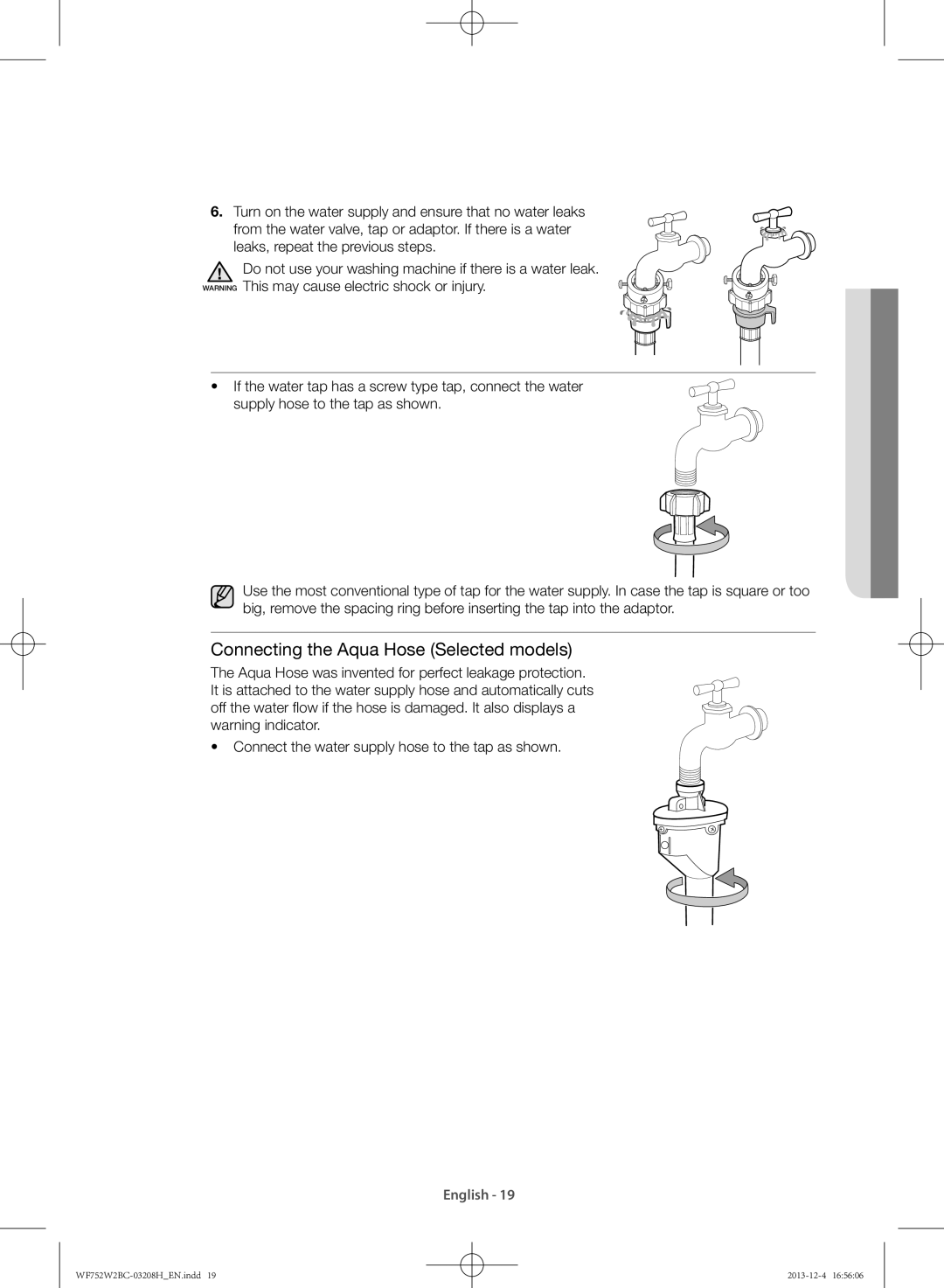 Samsung WF752W2BCWQ/SV, WF750W2BCWQ/SV manual Connecting the Aqua Hose Selected models 