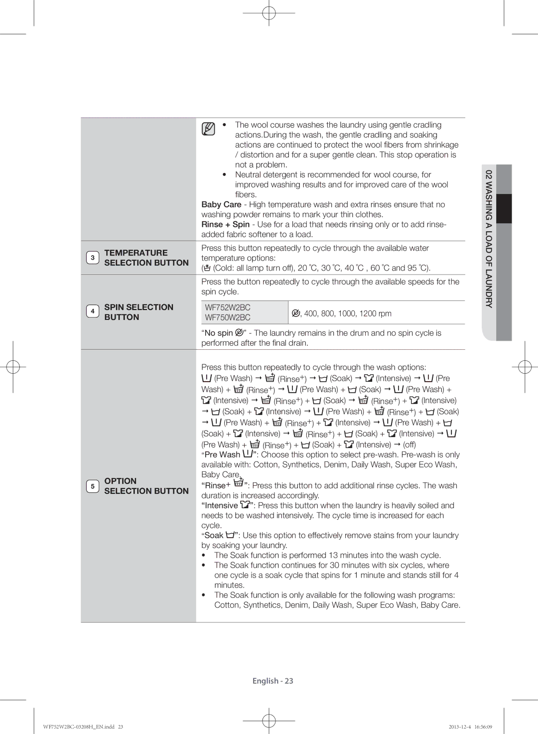 Samsung WF752W2BCWQ/SV manual Temperature, Spin Selection WF752W2BC, Button WF750W2BC, Option Selection Button 