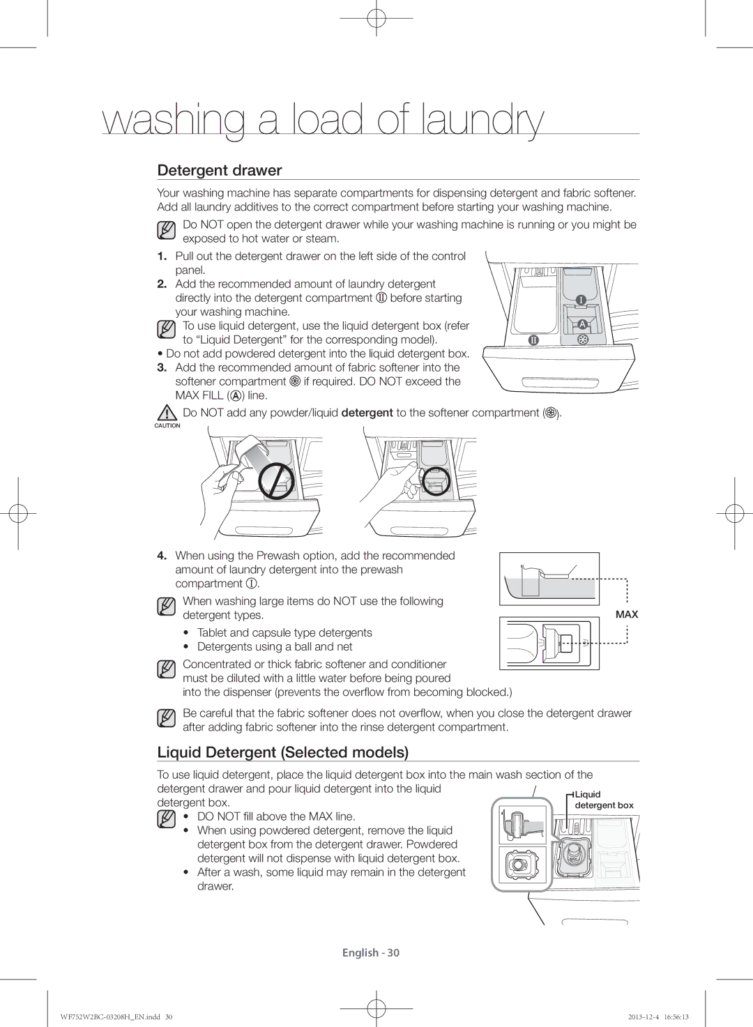 Samsung WF750W2BCWQ/SV, WF752W2BCWQ/SV manual Detergent drawer, Liquid Detergent Selected models 