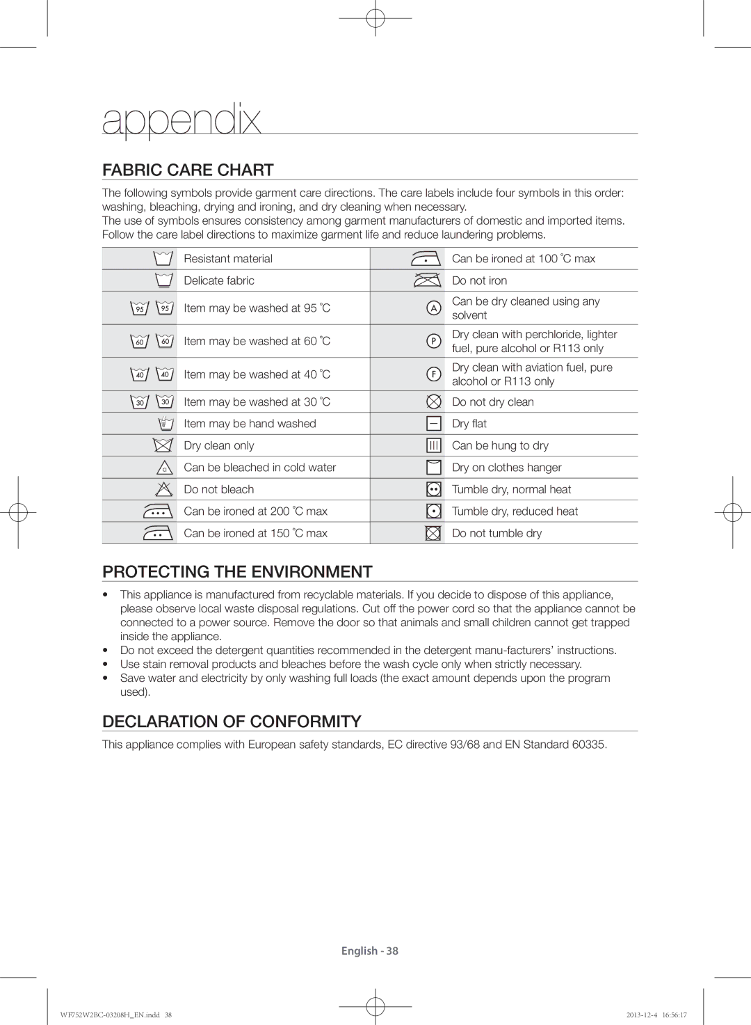 Samsung WF750W2BCWQ/SV, WF752W2BCWQ/SV Appendix, Fabric care chart, Protecting the environment, Declaration of conformity 