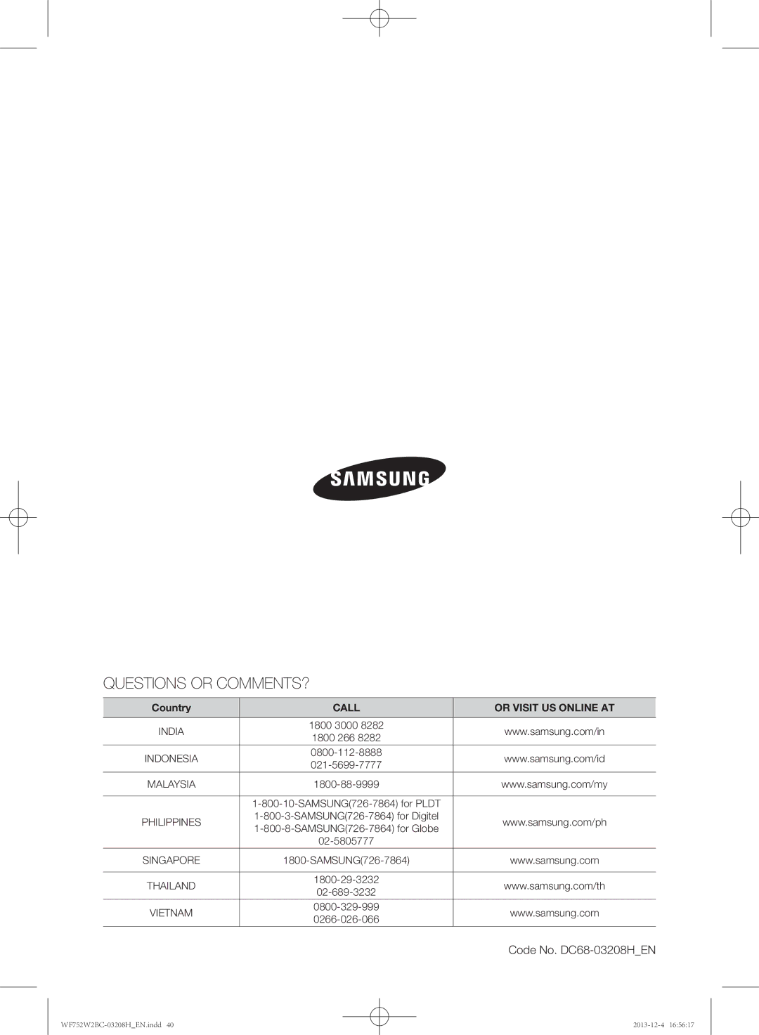 Samsung WF750W2BCWQ/SV, WF752W2BCWQ/SV manual Questions or COMMENTS? 