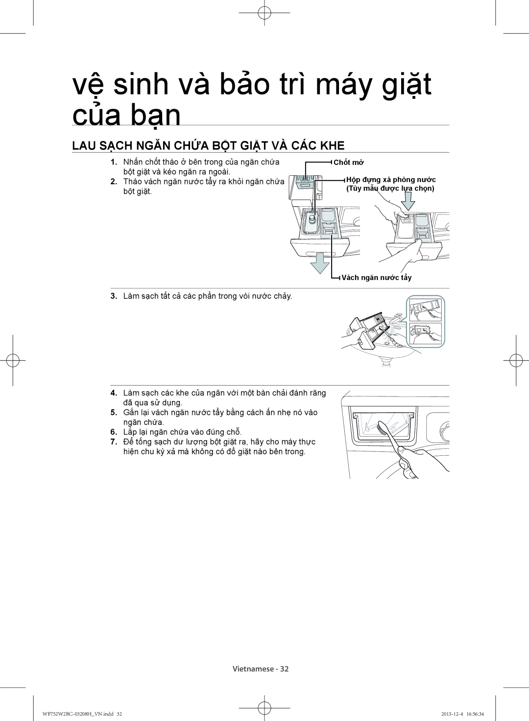 Samsung WF750W2BCWQ/SV, WF752W2BCWQ/SV manual Lau sạch ngăn chứa bột giặt và các khe 