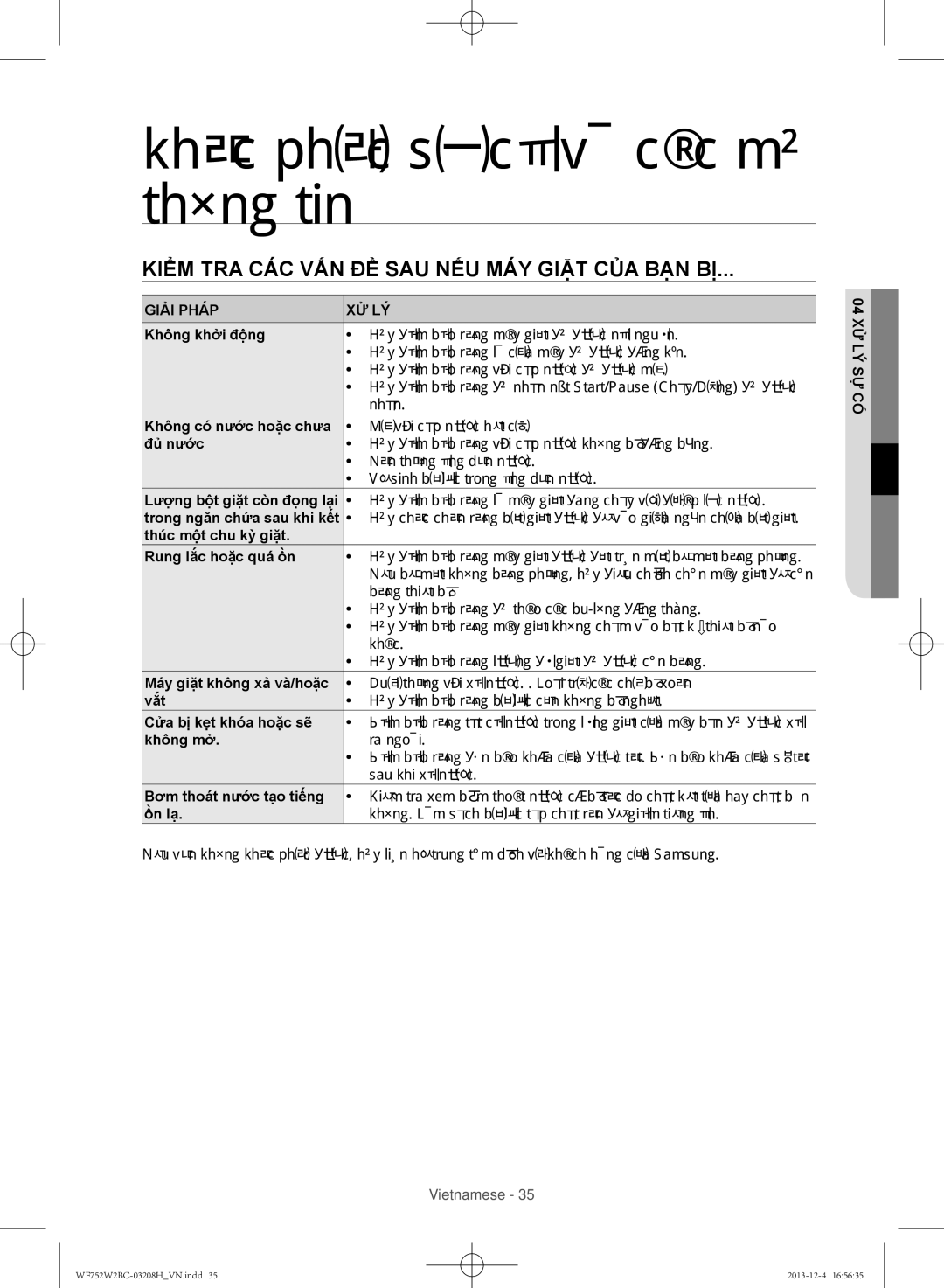 Samsung WF752W2BCWQ/SV manual Khắc phục sự cố́ và các mã thông tin, Kiểm tra các vấn đề sau nếu máy giặt của bạn bị 