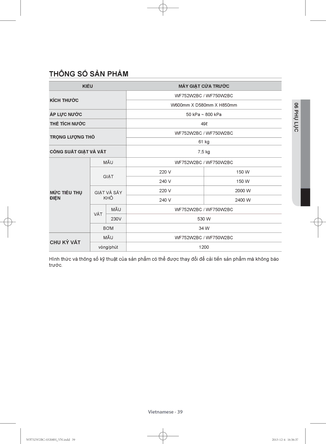 Samsung WF752W2BCWQ/SV, WF750W2BCWQ/SV manual Thông số́ sản phẩm, Chu Kỳ Vắt, Lụchụ 06 P 