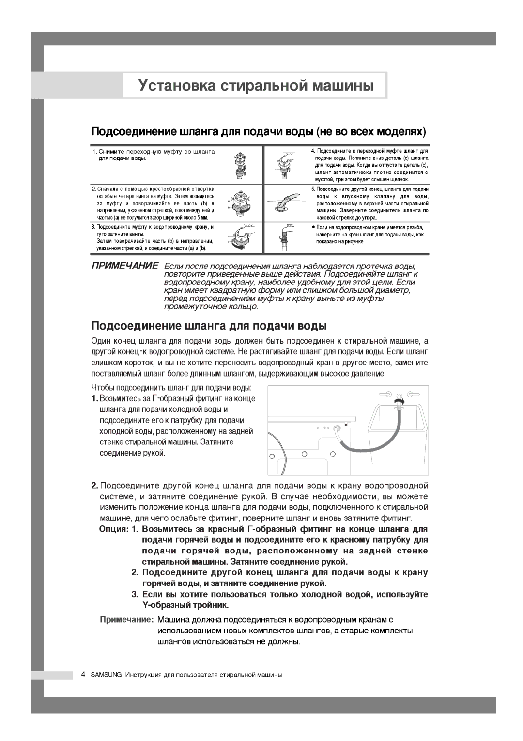 Samsung WF7522S6S/YLP manual ÈÓ‰ÒÓÂ‰ËÌÂÌËÂ ¯Î‡Ì„‡ ‰Îﬂ ÔÓ‰‡˜Ë ‚Ó‰˚ ÌÂ ‚Ó ‚ÒÂı ÏÓ‰ÂÎﬂı 