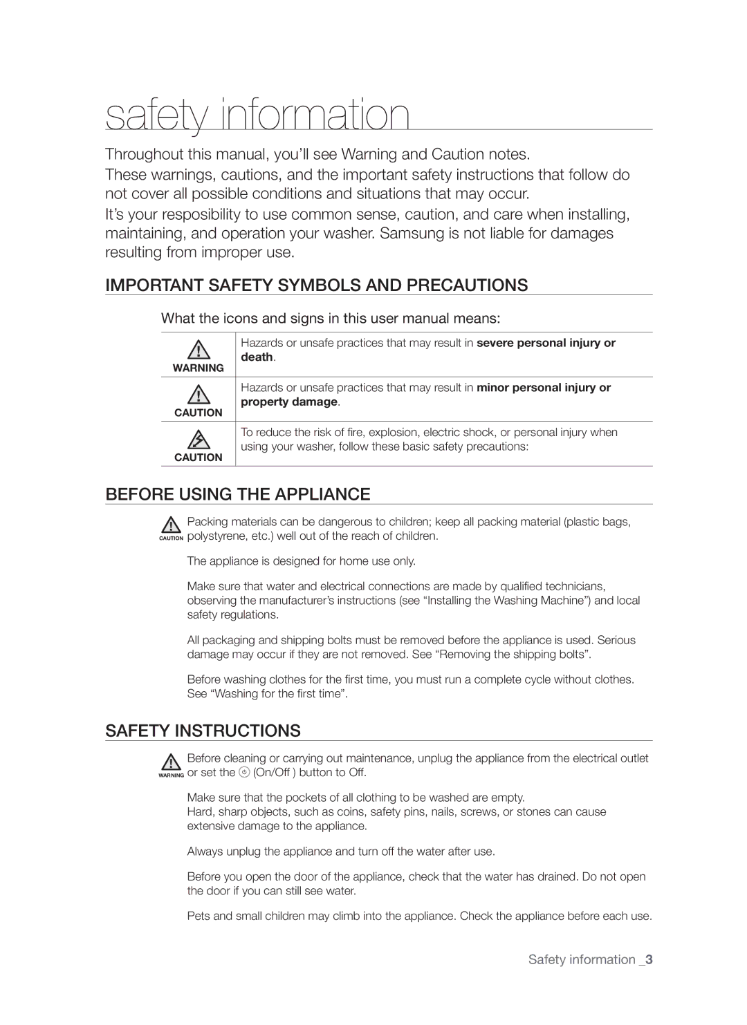 Samsung WF7602S8R/YLP manual Safety information, Important Safety Symbols and Precautions, Before Using the Appliance 