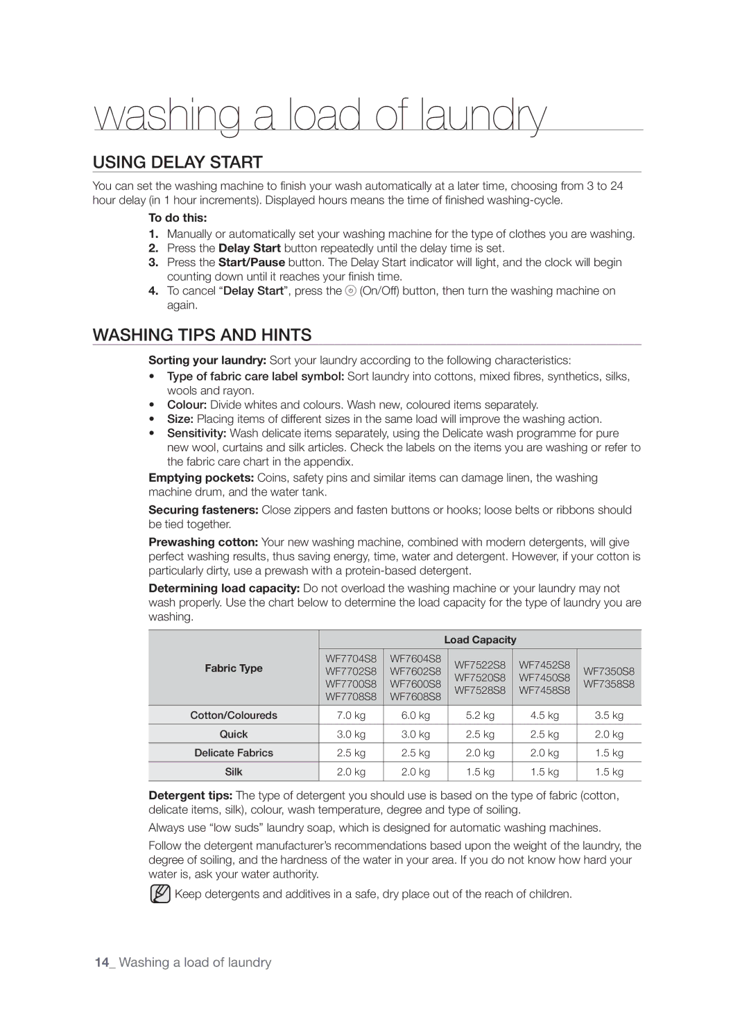 Samsung WF7602S8C/YLP, WF7522S8R/YLR, WF7602S8R/YLP, WF7522S8R/YLP, WF7522S8R/YLW Using Delay Start, Washing Tips and Hints 