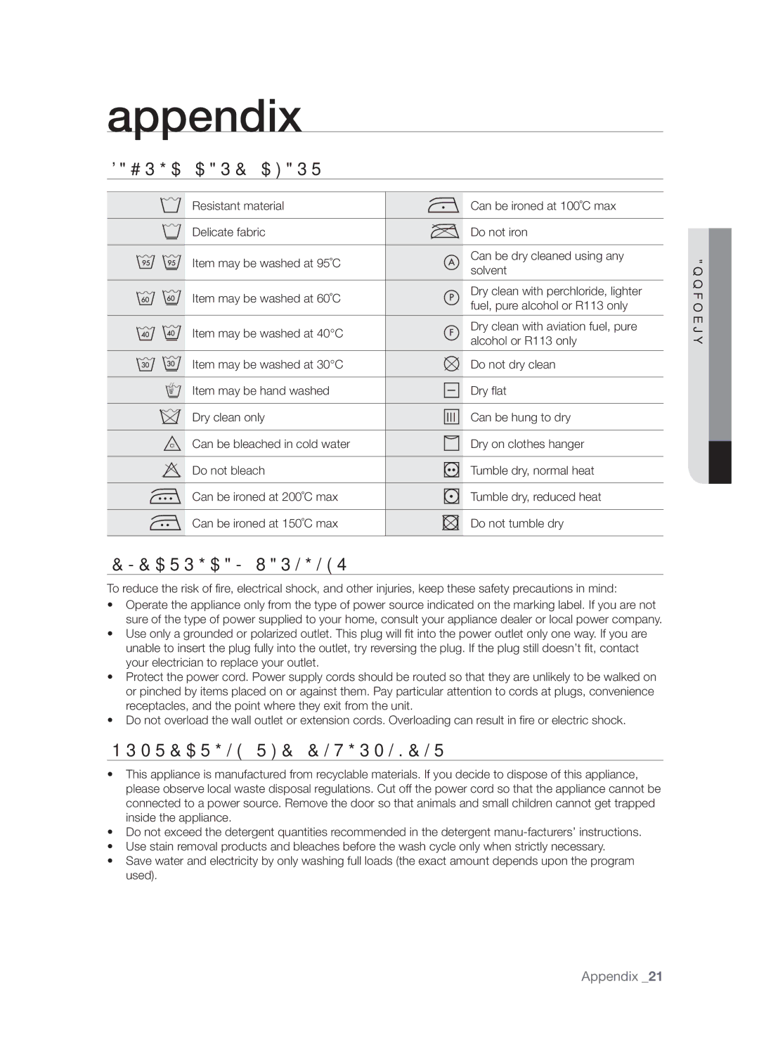 Samsung WF7602S8R/YLP, WF7522S8R/YLR manual Appendix, Fabric Care Chart, Electrical Warnings, Protecting the Environment 