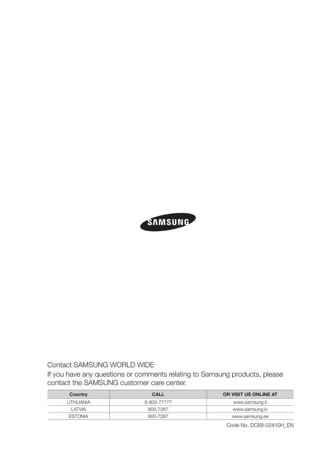 Samsung WF7602S8C/YLP, WF7522S8R/YLR, WF7602S8R/YLP, WF7522S8R/YLP, WF7522S8R/YLW manual Code No. DC68-02410HEN 