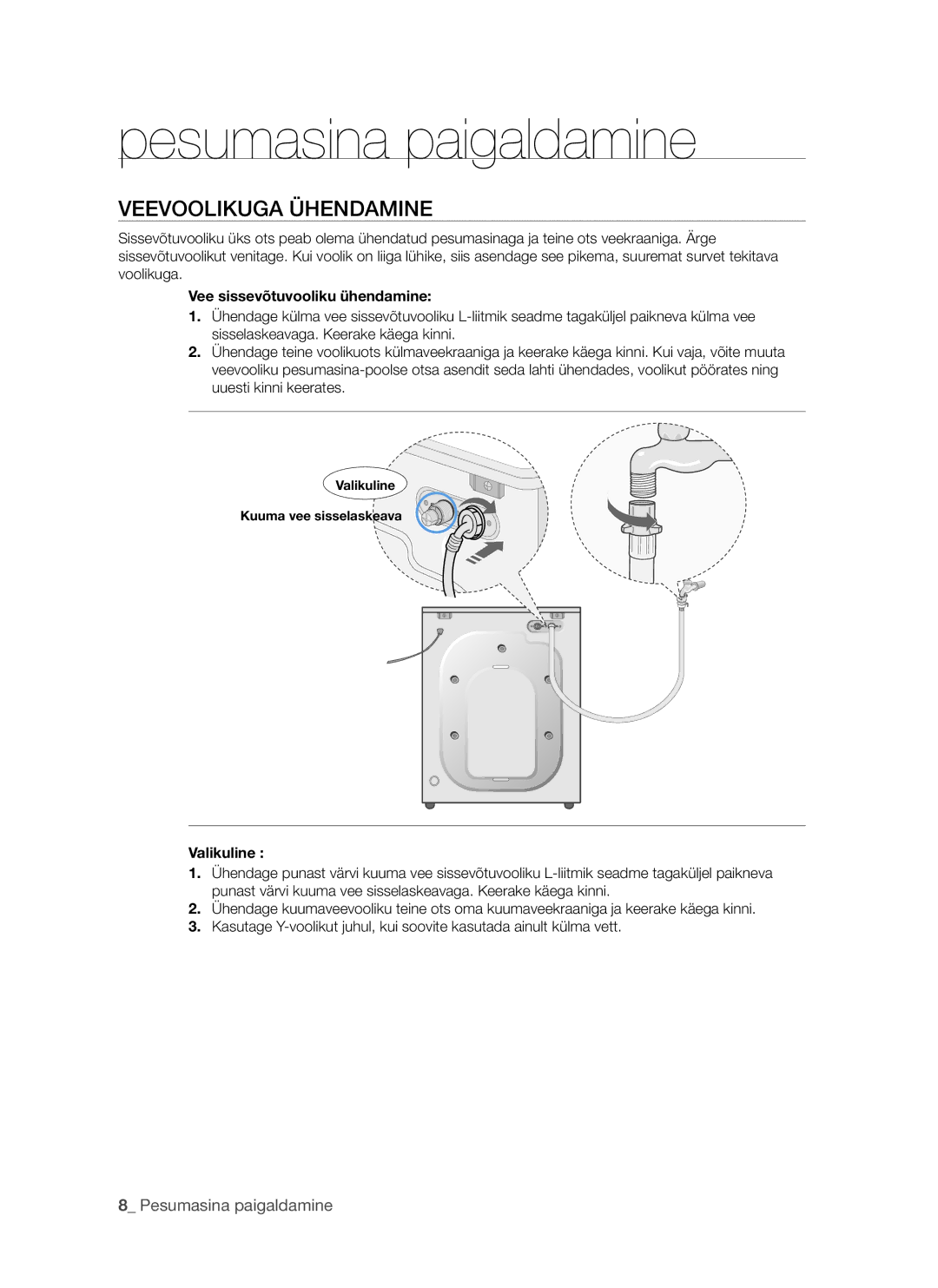 Samsung WF7522S8R/YLP, WF7522S8R/YLR, WF7602S8R/YLP Veevoolikuga Ühendamine, Vee sissevõtuvooliku ühendamine, Valikuline 