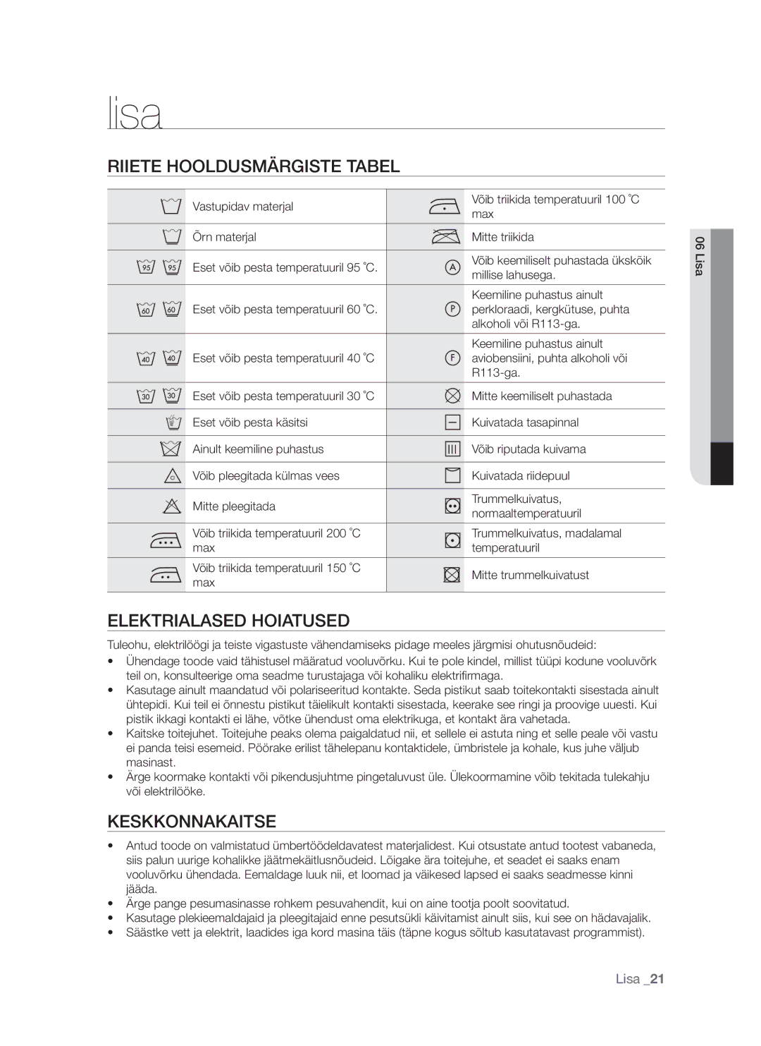 Samsung WF7522S8R/YLR, WF7602S8R/YLP manual Lisa, Riiete Hooldusmärgiste Tabel, Elektrialased Hoiatused, Keskkonnakaitse 