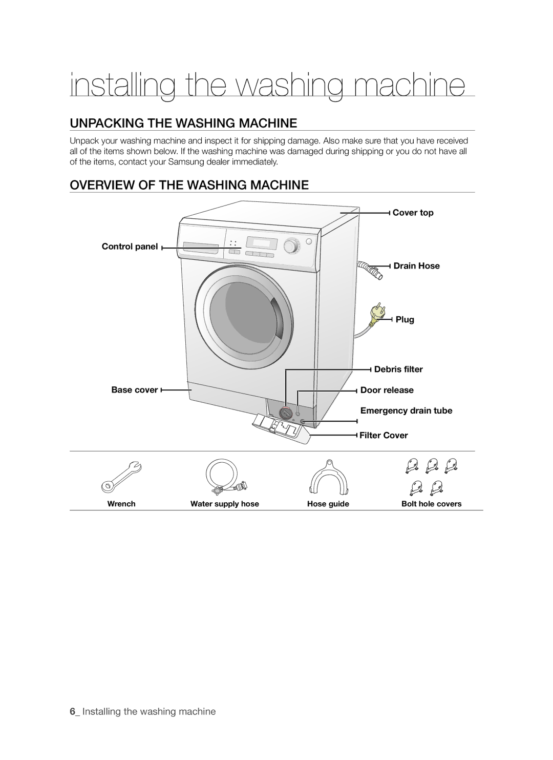 Samsung WF7602S8R/YLP manual Installing the washing machine, Unpacking the Washing Machine, Overview of the Washing Machine 