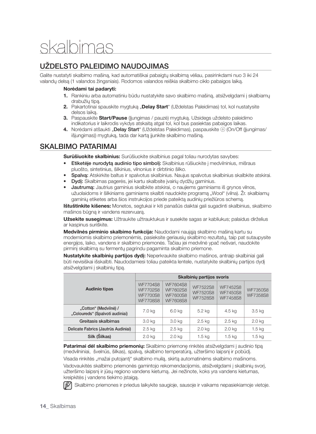 Samsung WF7522S8R/YLP, WF7522S8R/YLR, WF7602S8R/YLP, WF7522S8R/YLW manual Uždelsto Paleidimo Naudojimas, Skalbimo Patarimai 