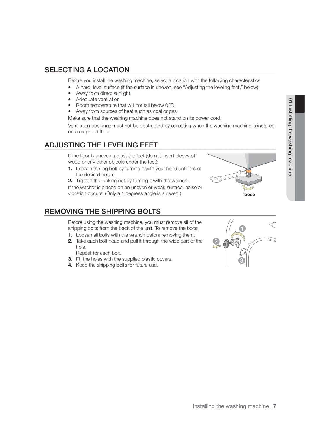 Samsung WF7522S8R/YLP, WF7522S8R/YLR manual Selecting a Location, Adjusting the Leveling Feet, Removing the Shipping Bolts 