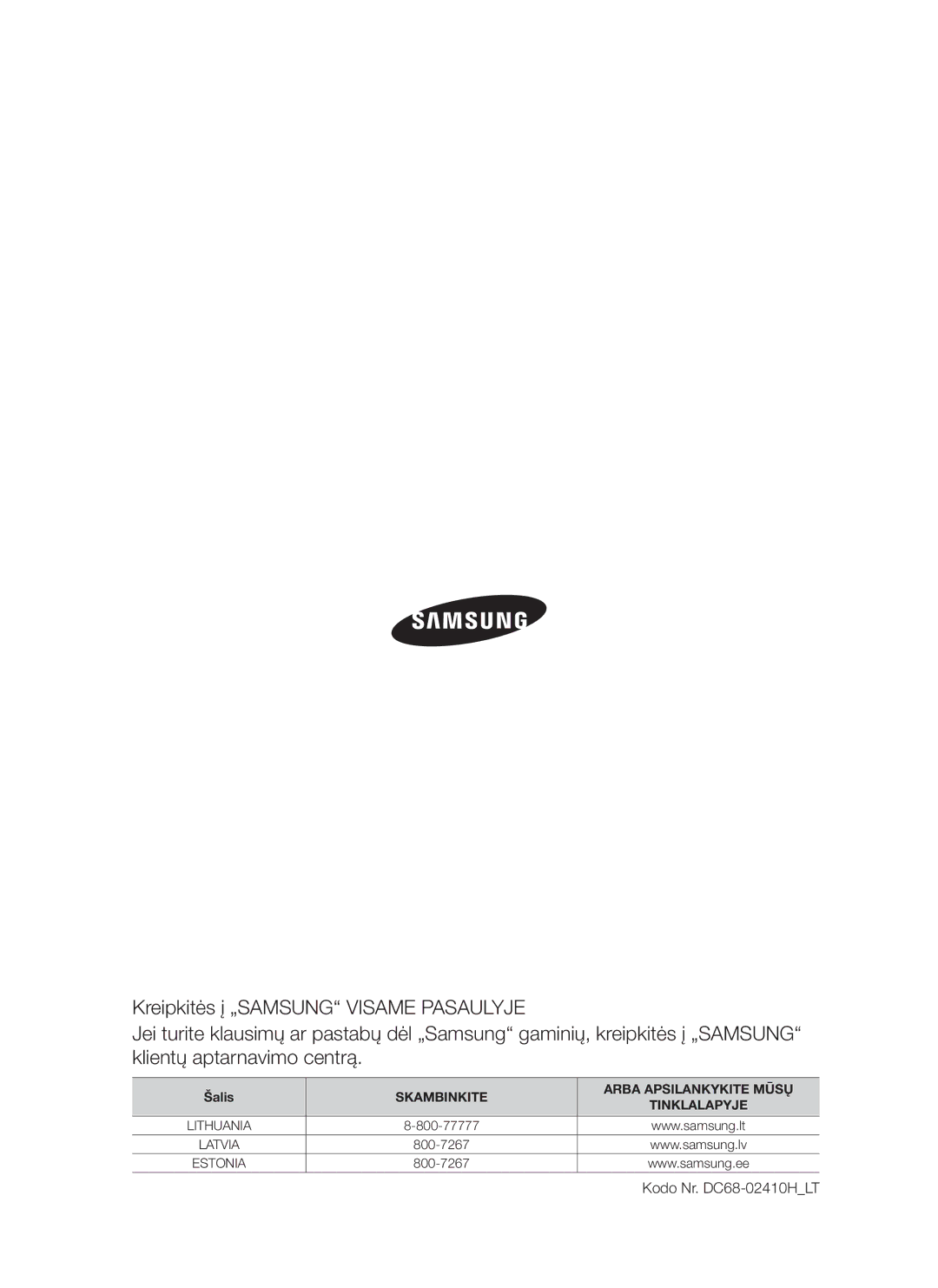 Samsung WF7522S8R/YLP, WF7522S8R/YLR, WF7602S8R/YLP, WF7522S8R/YLW, WF7602S8C/YLP manual Kodo Nr. DC68-02410HLT 