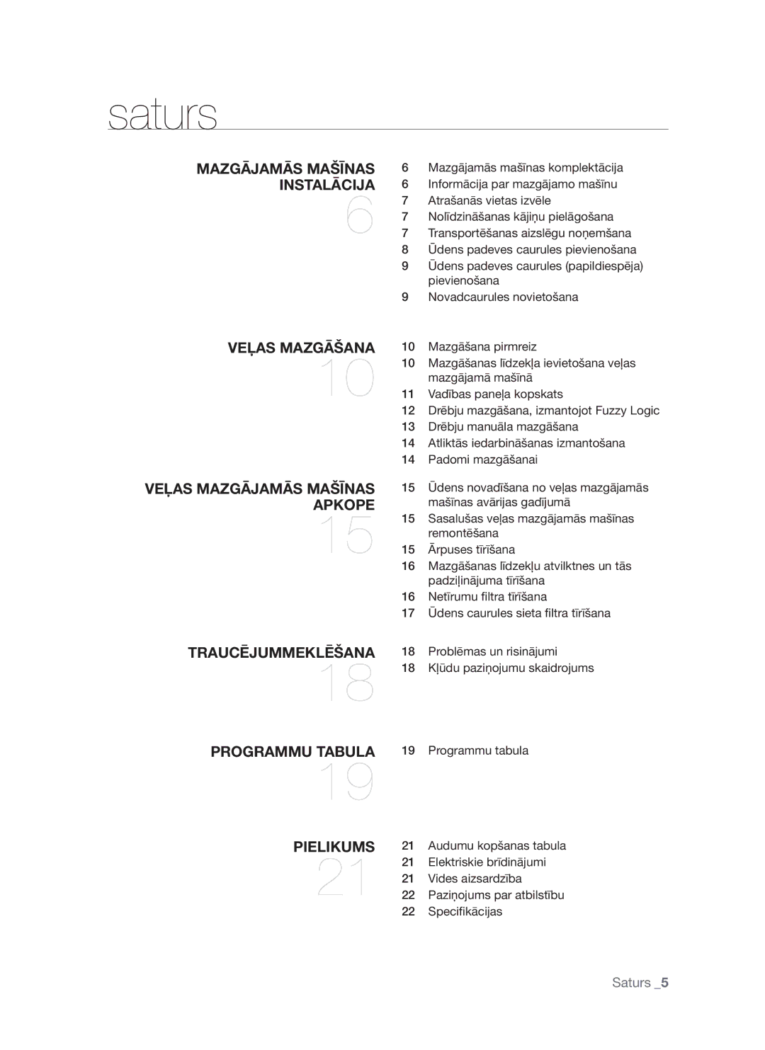 Samsung WF7522S8R/YLP, WF7522S8R/YLR, WF7602S8R/YLP, WF7522S8R/YLW, WF7602S8C/YLP manual Saturs, Mazgājamās Mašīnas Instalācija 