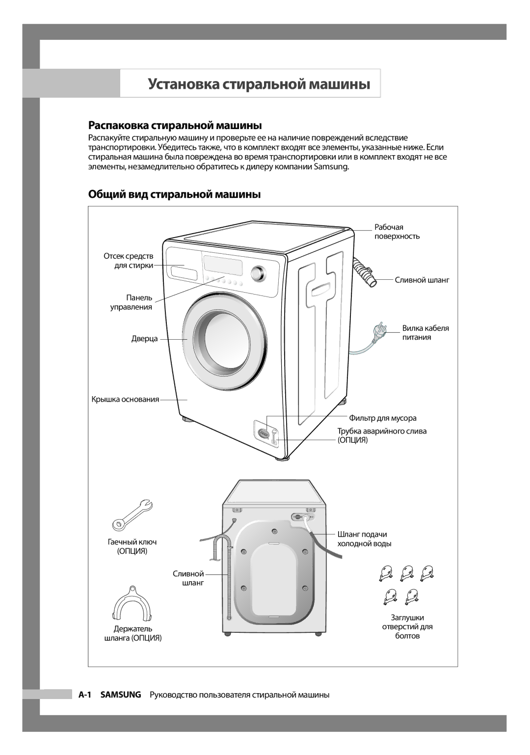 Samsung WF7600S9R/YLP manual Установка стиральной машины, Распаковка стиральной машины, Общий вид стиральной машины 