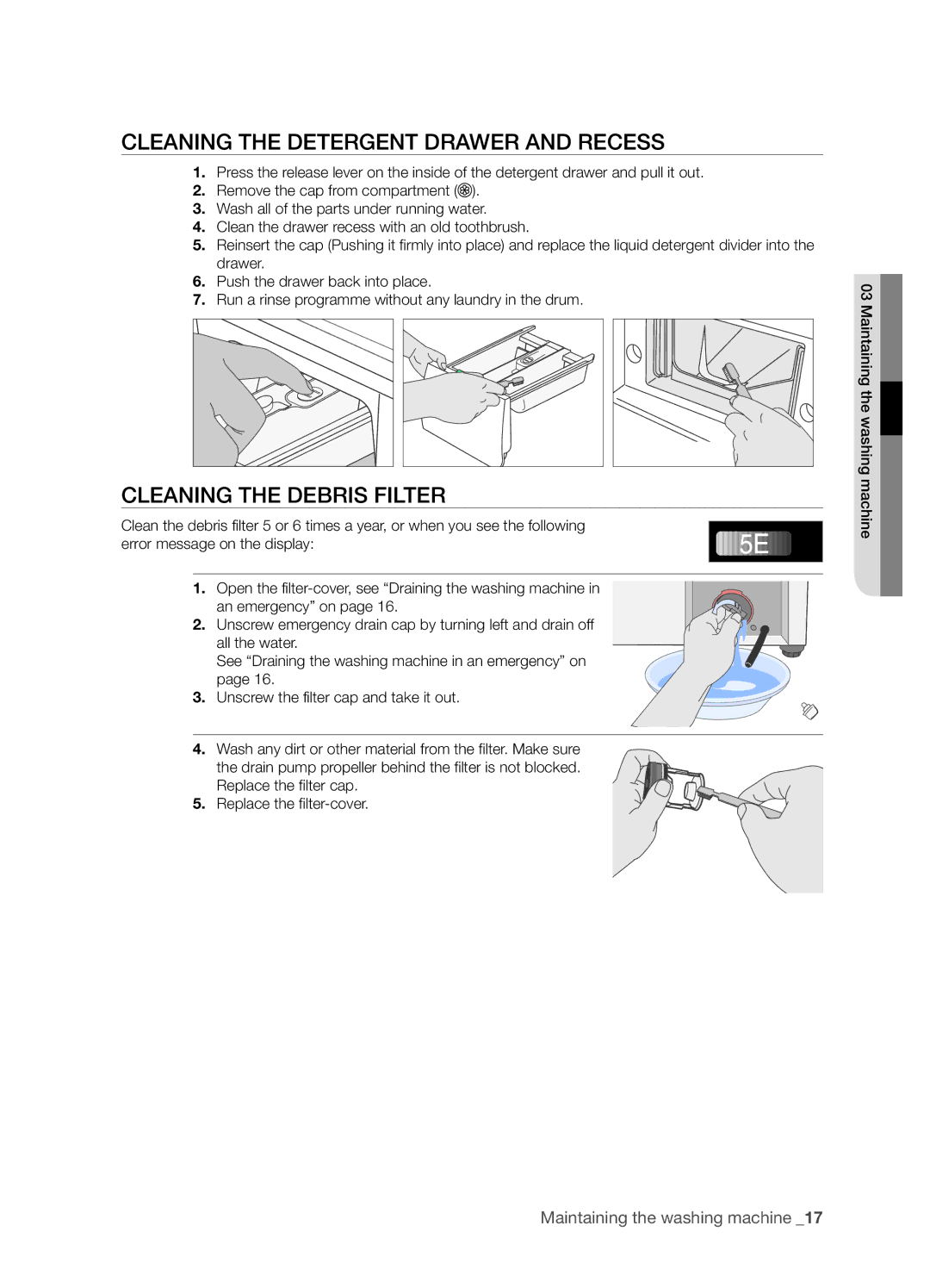 Samsung WF7452S9C/YLW, WF7522S9R/YLR, WF7452S9R/YLR Cleaning the Detergent Drawer and Recess, Cleaning the Debris Filter 