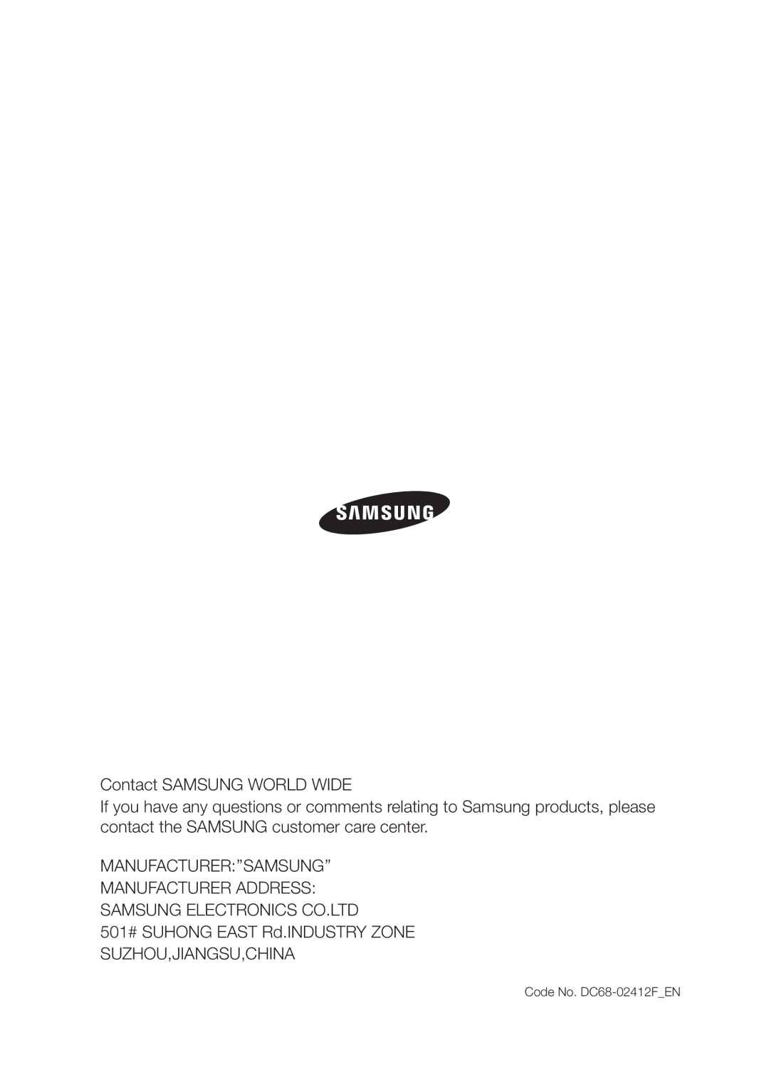 Samsung WF7522S9C/YLR, WF7522S9R/YLR, WF7452S9R/YLR, WF7452S9R/YLW manual Manufacturer’’Samsung’’, Code No. DC68-02412FEN 