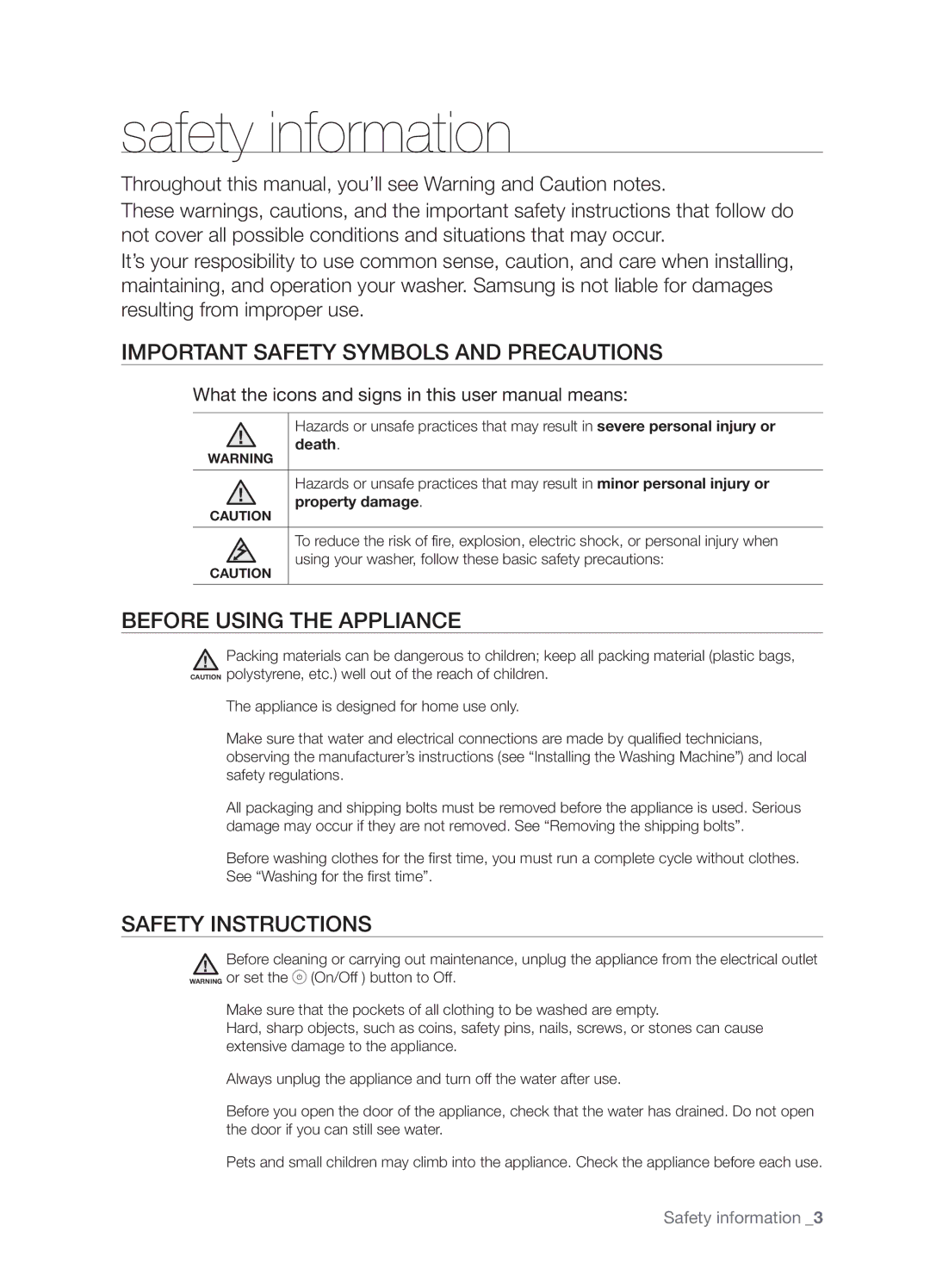 Samsung WF7452S9R/YLW manual Safety information, Important Safety Symbols and Precautions, Before Using the Appliance 