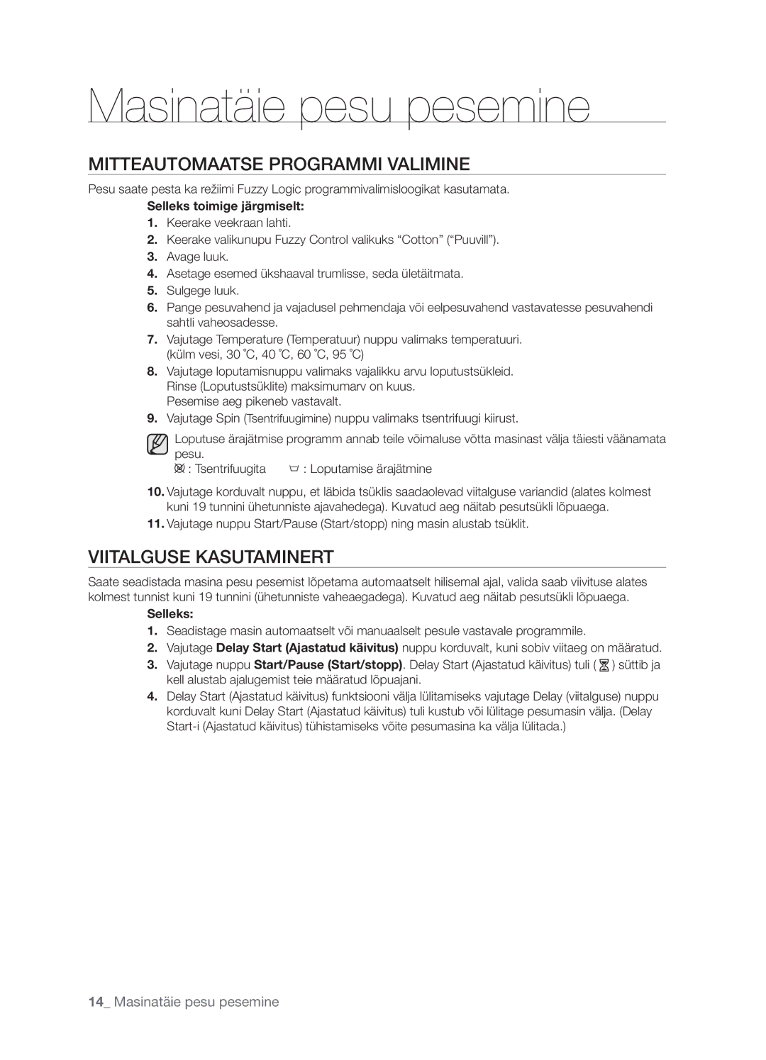 Samsung WF7452S9R/YLP manual Mitteautomaatse Programmi Valimine, Viitalguse Kasutaminert, Selleks toimige järgmiselt 