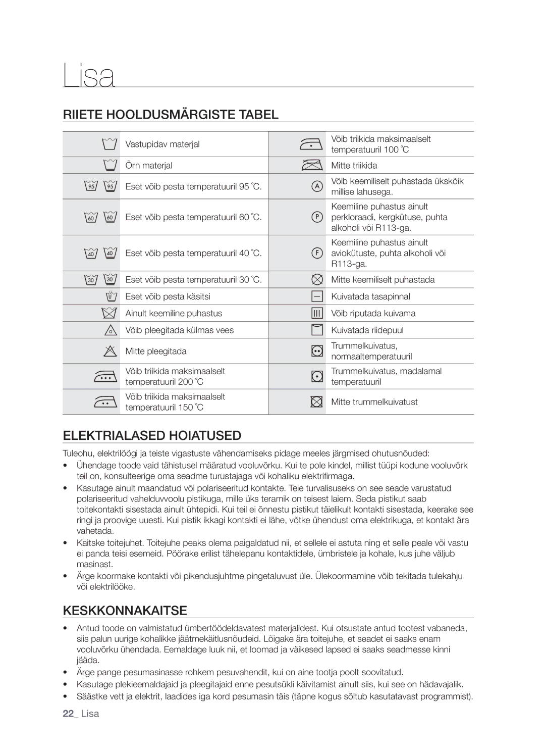 Samsung WF7522S9C/YLR, WF7522S9R/YLR manual Lisa, Riiete Hooldusmärgiste Tabel, Elektrialased Hoiatused, Keskkonnakaitse 