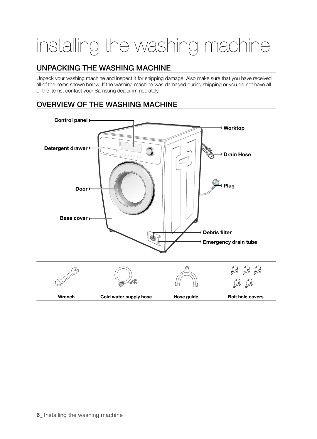 Samsung WF7452S9C/YLW manual Installing the washing machine, Unpacking the Washing Machine, Overview of the Washing Machine 