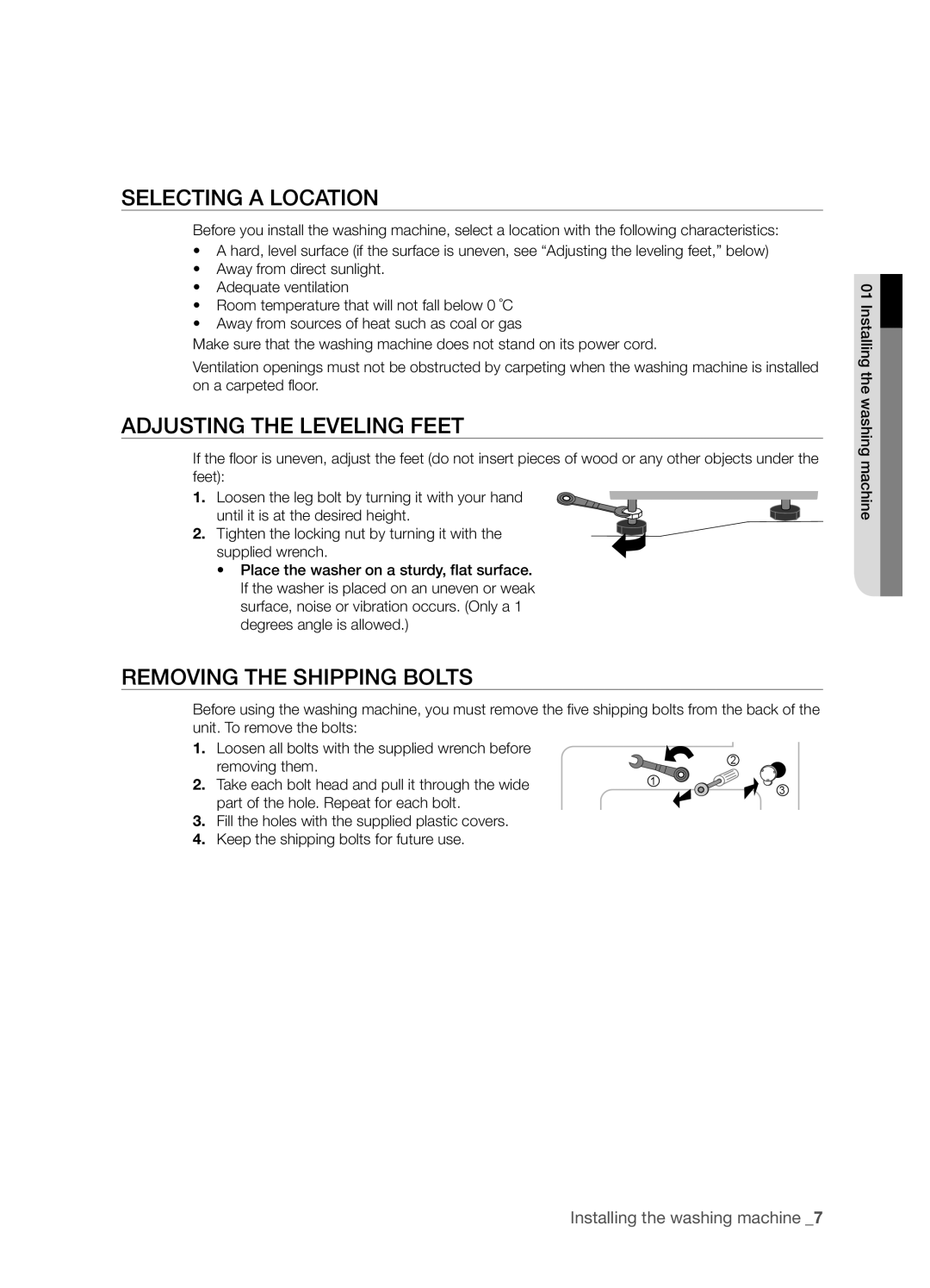 Samsung WF7522S9C/YLW, WF7522S9R/YLR manual Selecting a Location, Adjusting the Leveling Feet, Removing the Shipping Bolts 