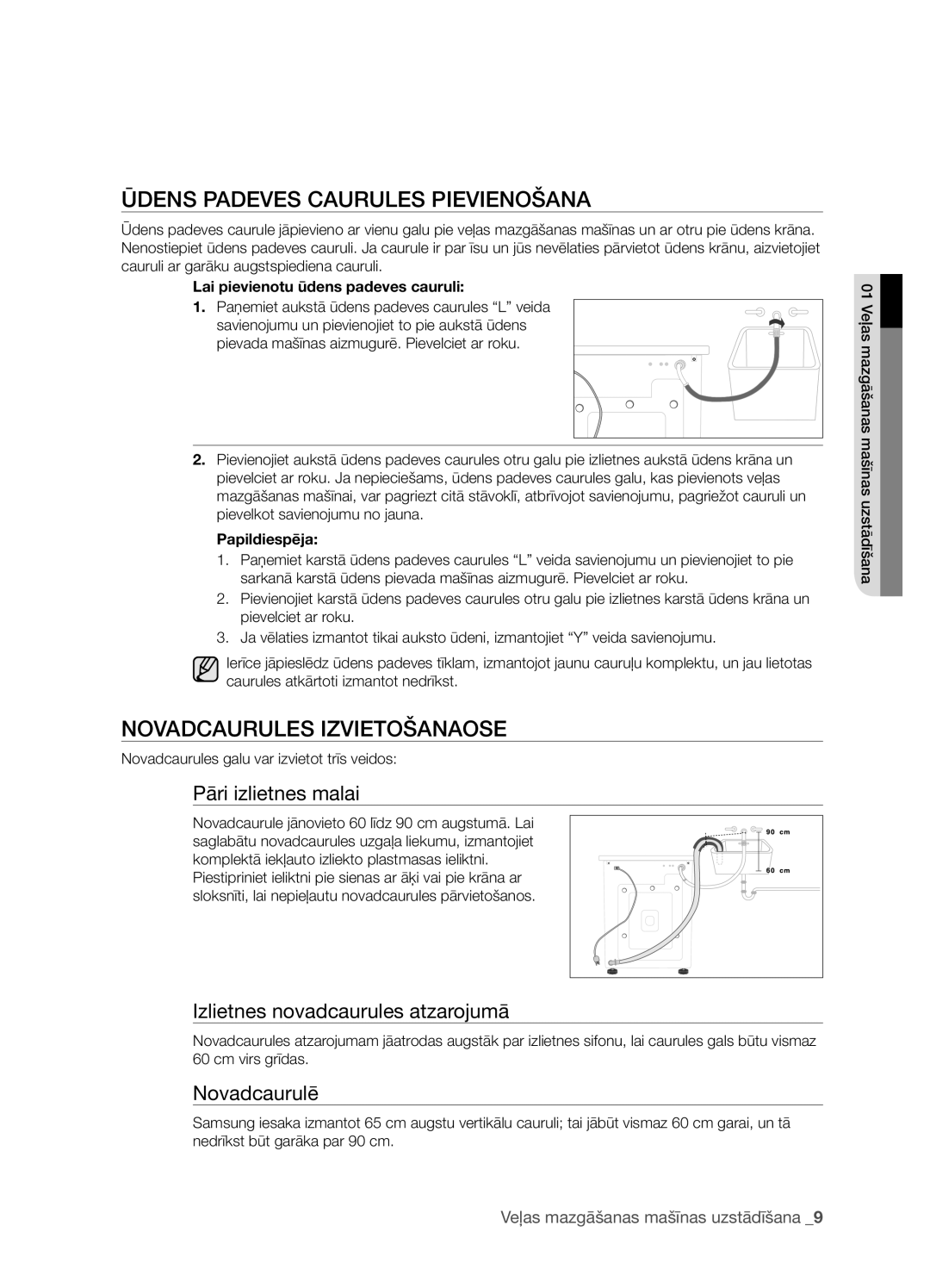 Samsung WF7452S9C/YLR manual Ūdens Padeves Caurules Pievienošana, Novadcaurules Izvietošanaose, Pāri izlietnes malai 