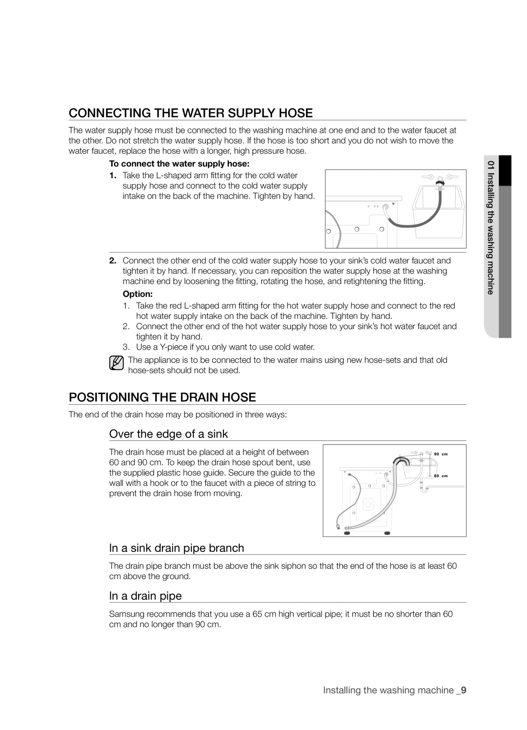 Samsung WF7450S9R/YLP, WF7522S9R/YLR Connecting the Water Supply Hose, Positioning the Drain Hose, Over the edge of a sink 