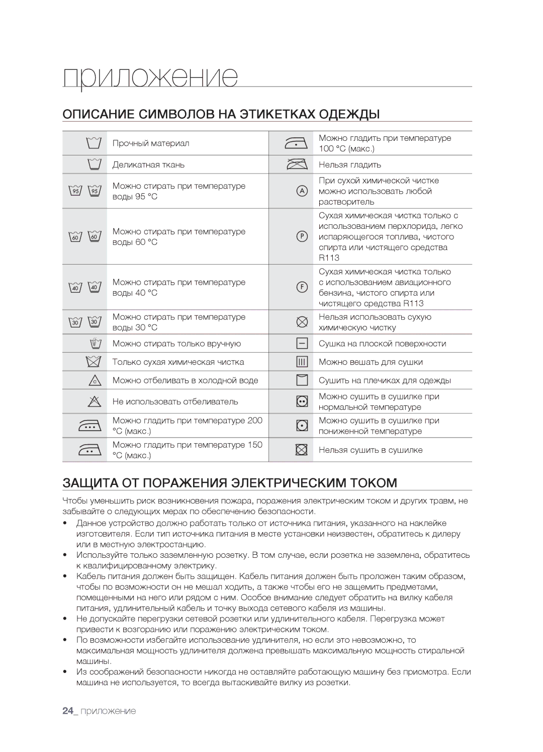 Samsung WF7520SUV/YLR manual Приложение, Описание Символов НА Этикетках Одежды, Защита ОТ Поражения Электрическим Током 