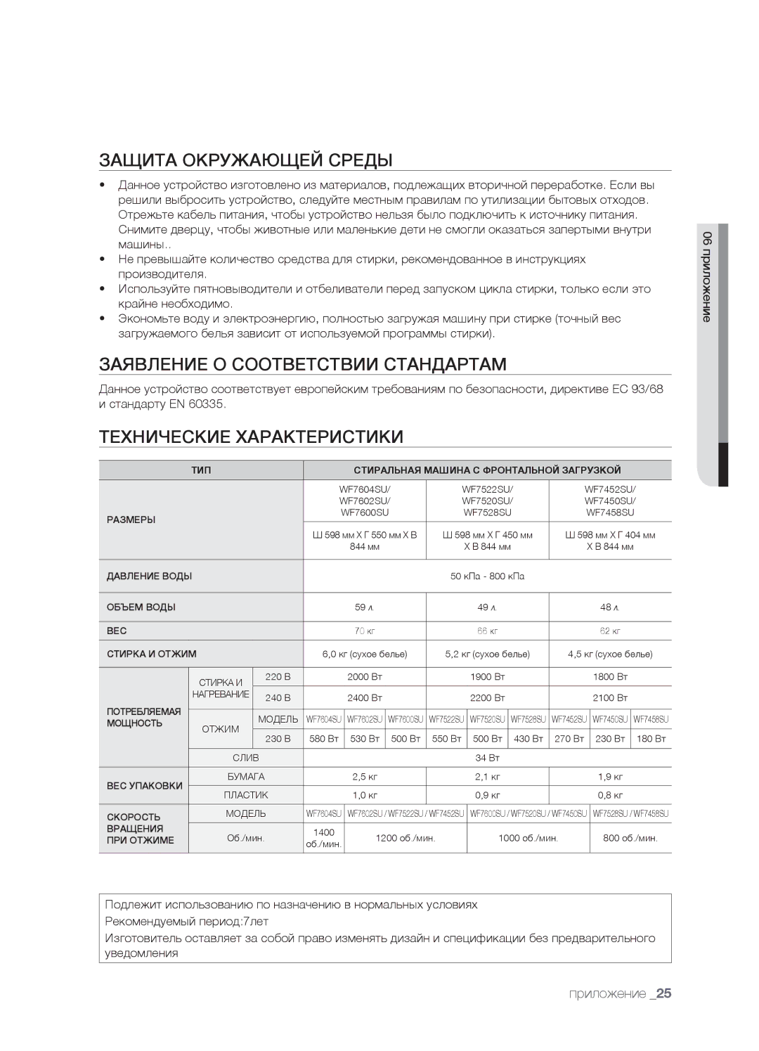 Samsung WF7600SUV/YLP manual Защита Окружающей Среды, Заявление О Соответствии Стандартам, Технические Характеристики 