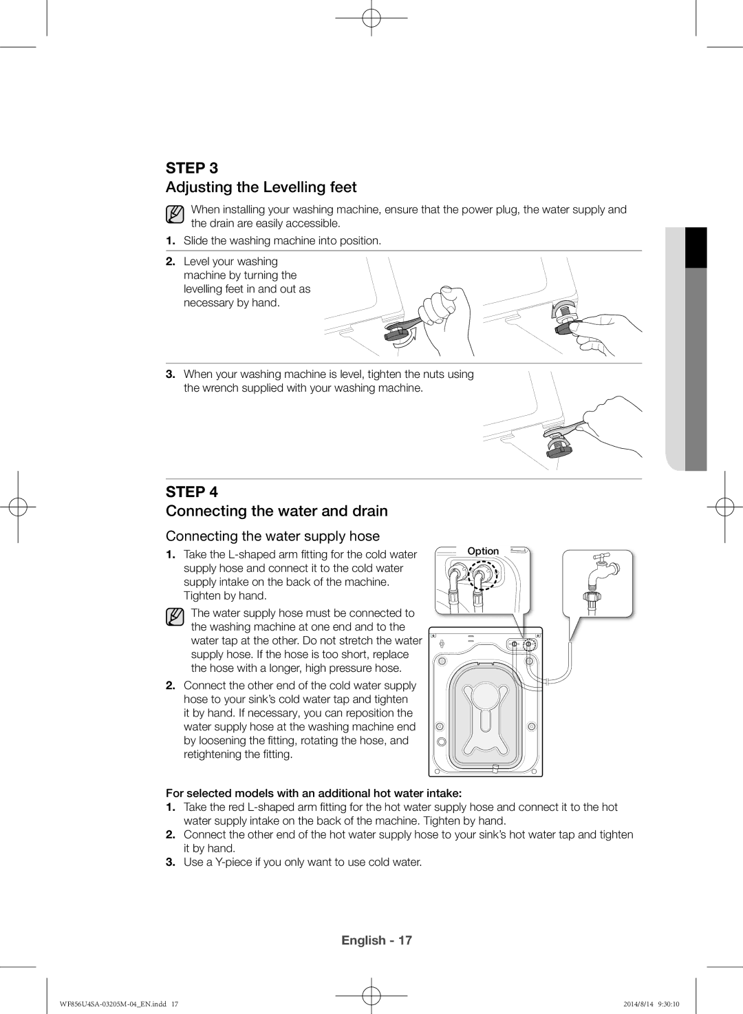 Samsung WF856U4SAGD/YL, WF756U4SAGD/YL manual Adjusting the Levelling feet, Connecting the water and drain 