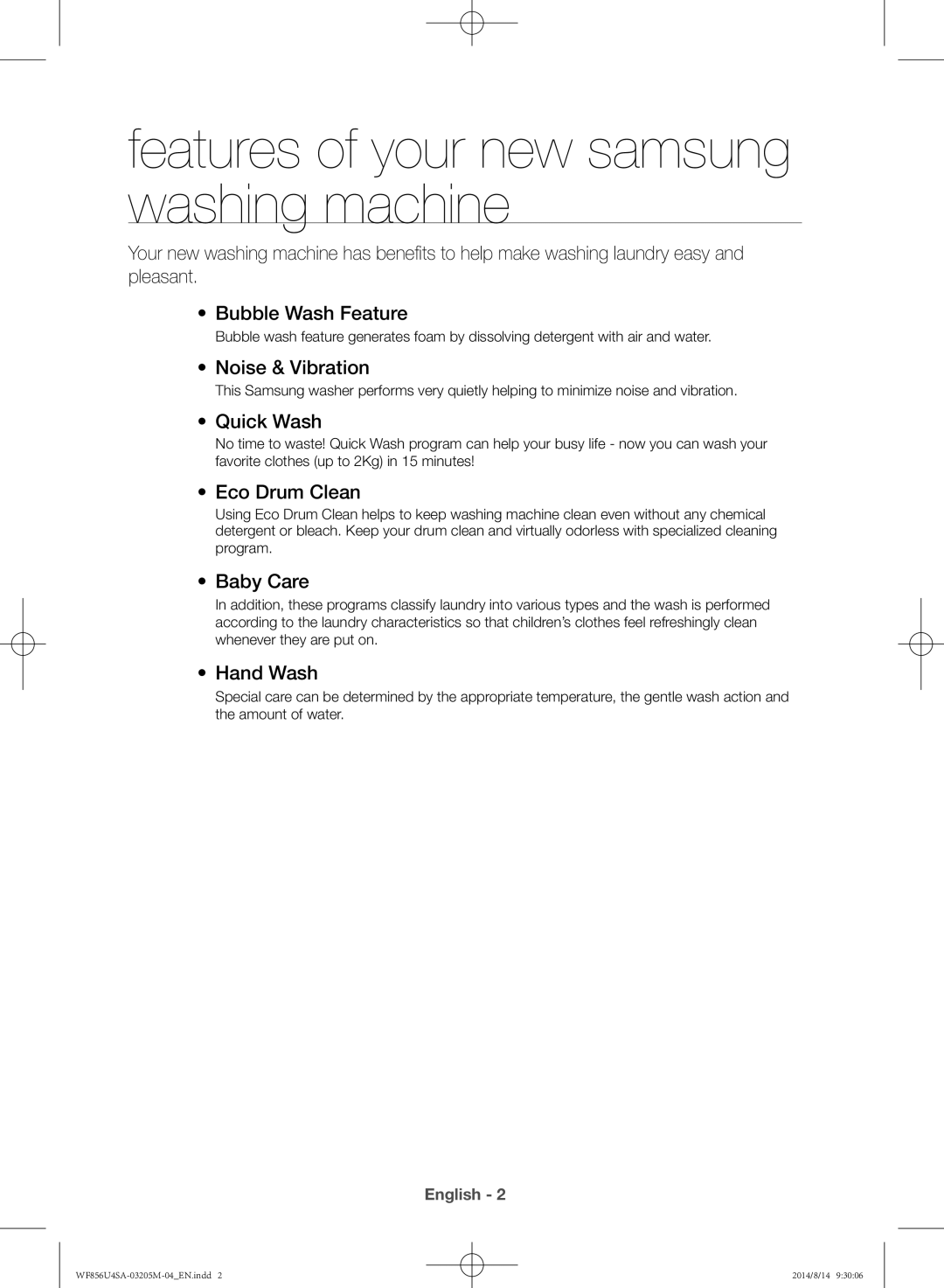 Samsung WF756U4SAGD/YL, WF856U4SAGD/YL manual Features of your new samsung washing machine 