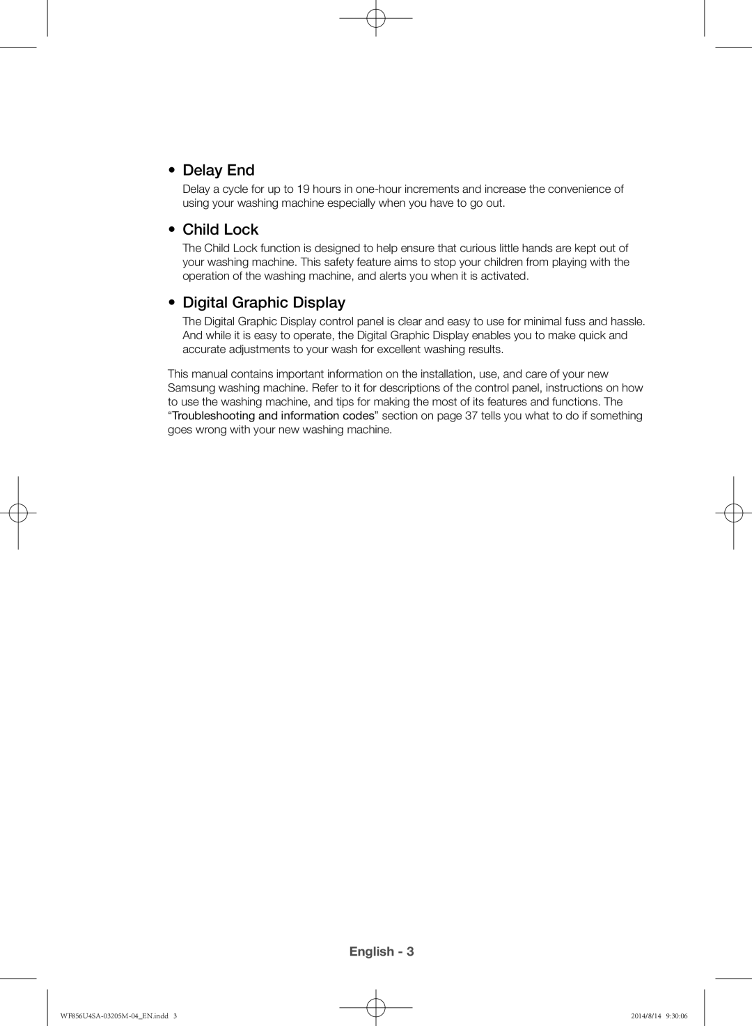 Samsung WF856U4SAGD/YL, WF756U4SAGD/YL manual Delay End, Child Lock, Digital Graphic Display 