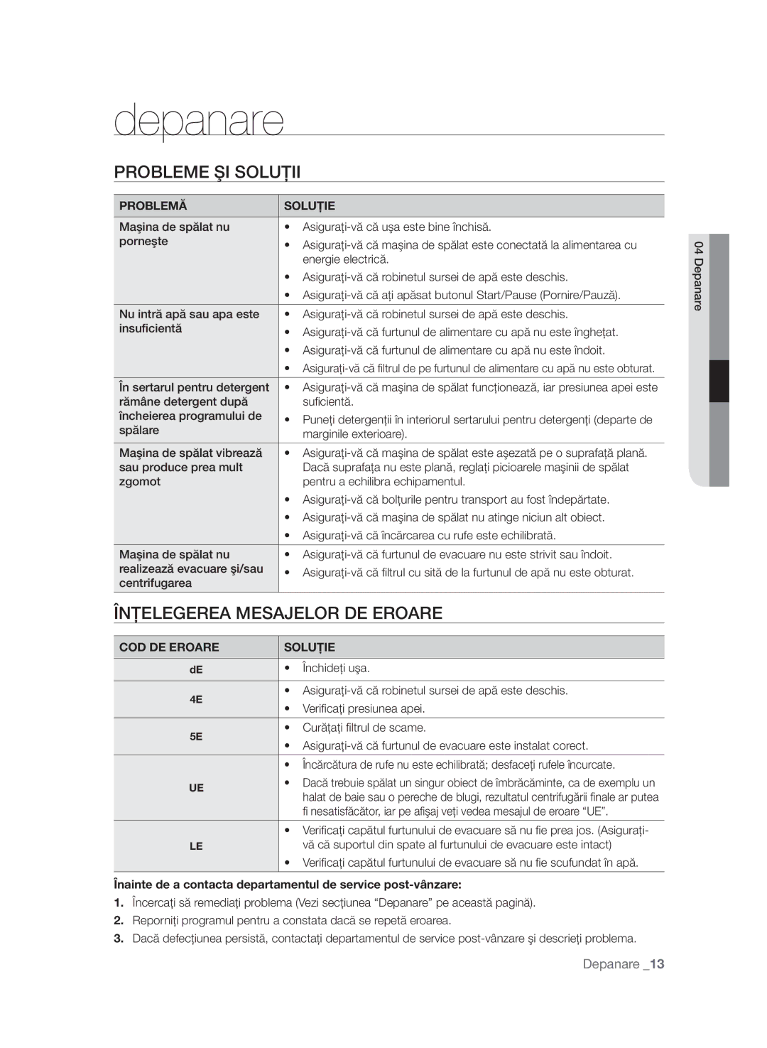 Samsung WF7602SAV/YLE, WF7600SAV/YLE, WF7604SAV/YLE manual Depanare, Probleme ŞI Soluţii, Înţelegerea Mesajelor DE Eroare 